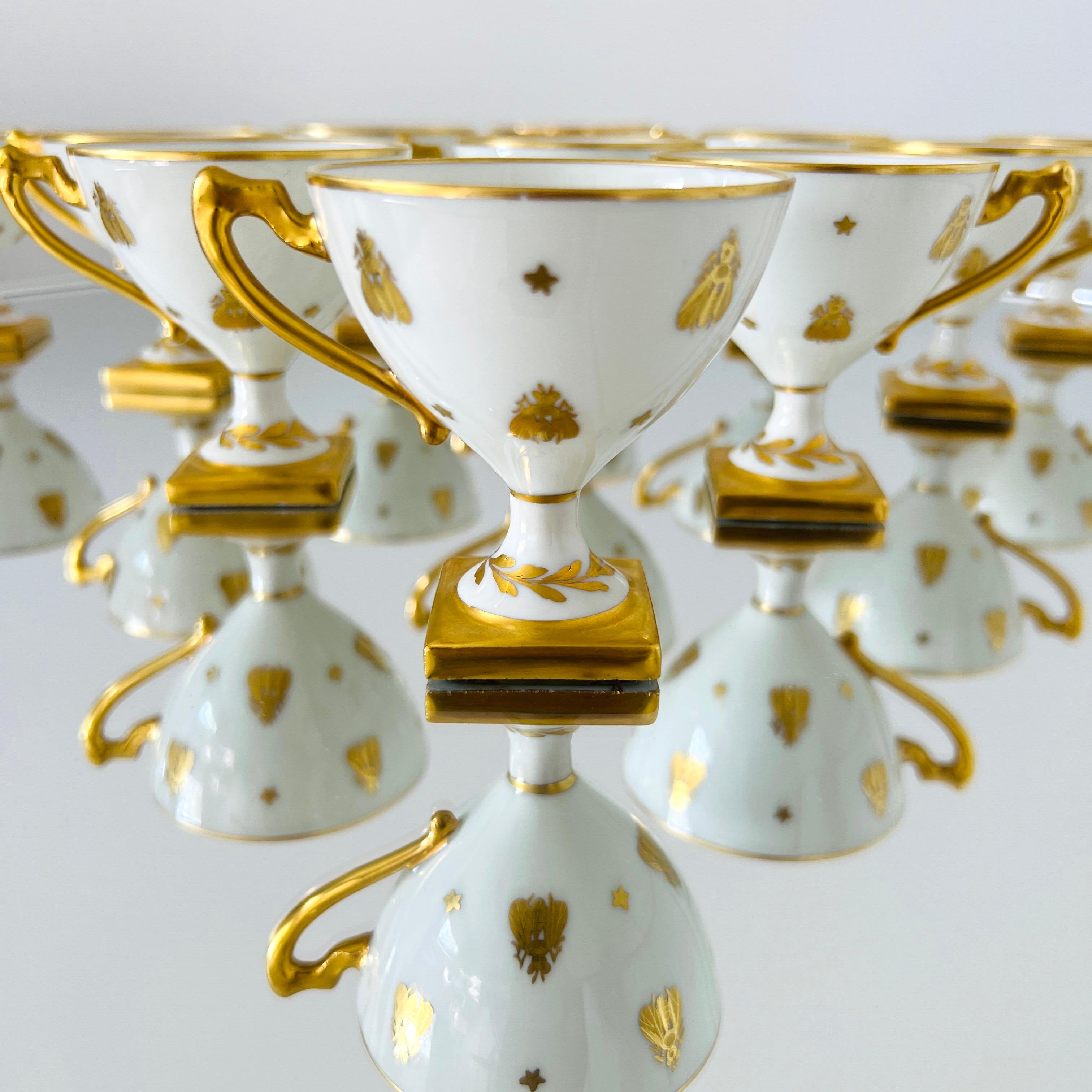 French Le Tallec Golden Bees Porcelain Demitasse Cups and Saucers, circa 1957 Set/11-12 For Sale