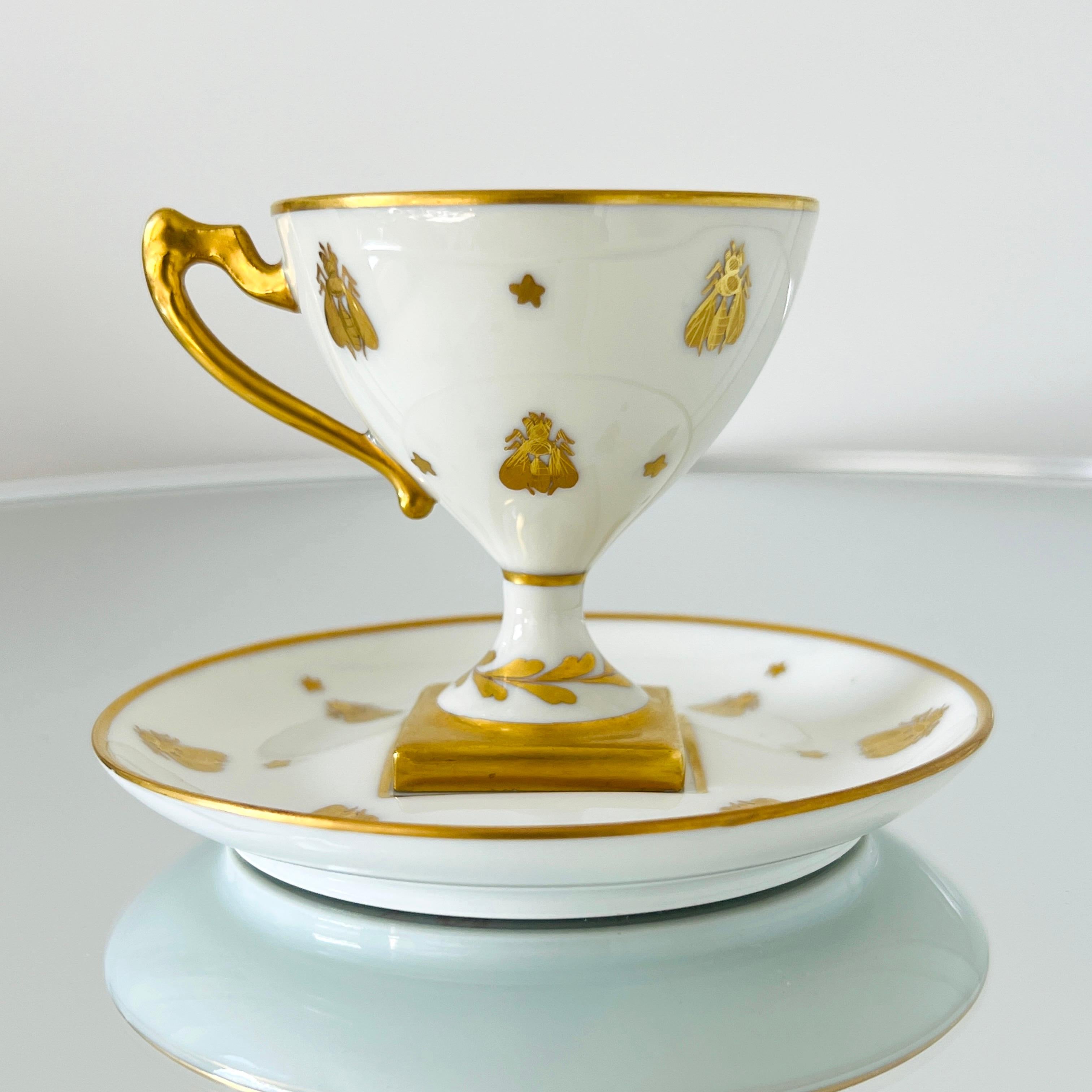 Hand-Crafted Le Tallec Golden Bees Porcelain Demitasse Cups and Saucers, circa 1957 Set/11-12 For Sale