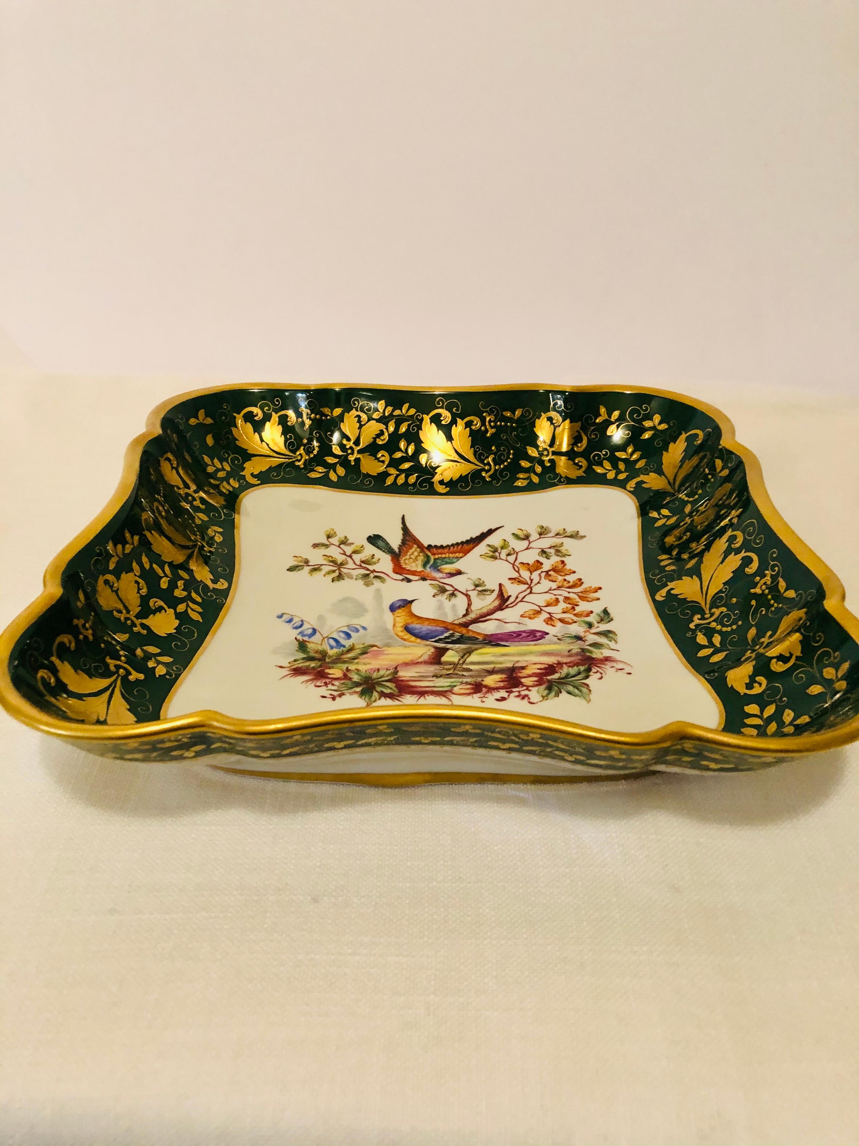 Le Tallec Green Bowl Painted with Colorful Birds with a Raised Gold Border 4