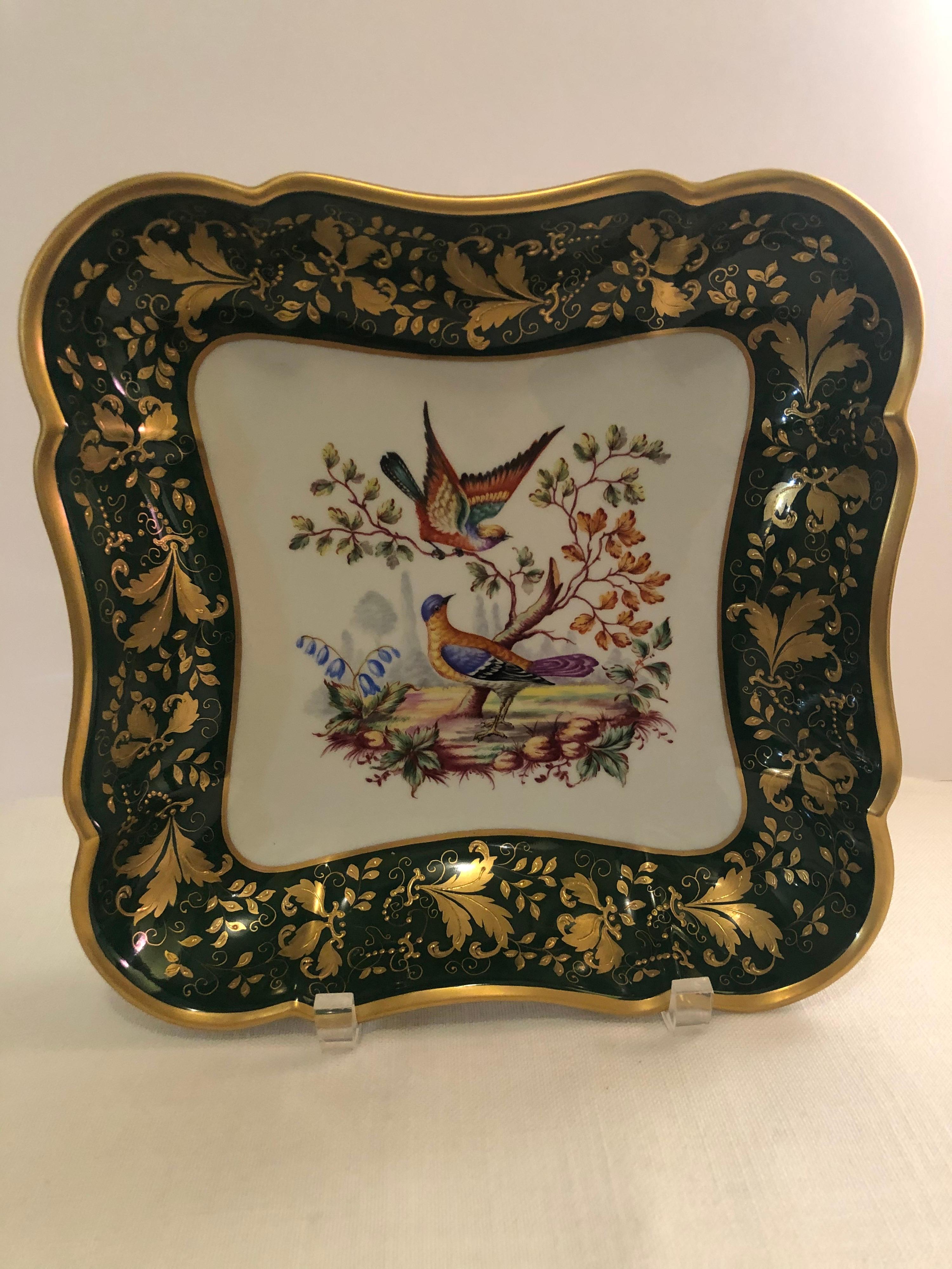 Le Tallec Green Bowl Painted with Colorful Birds with a Raised Gold Border 6