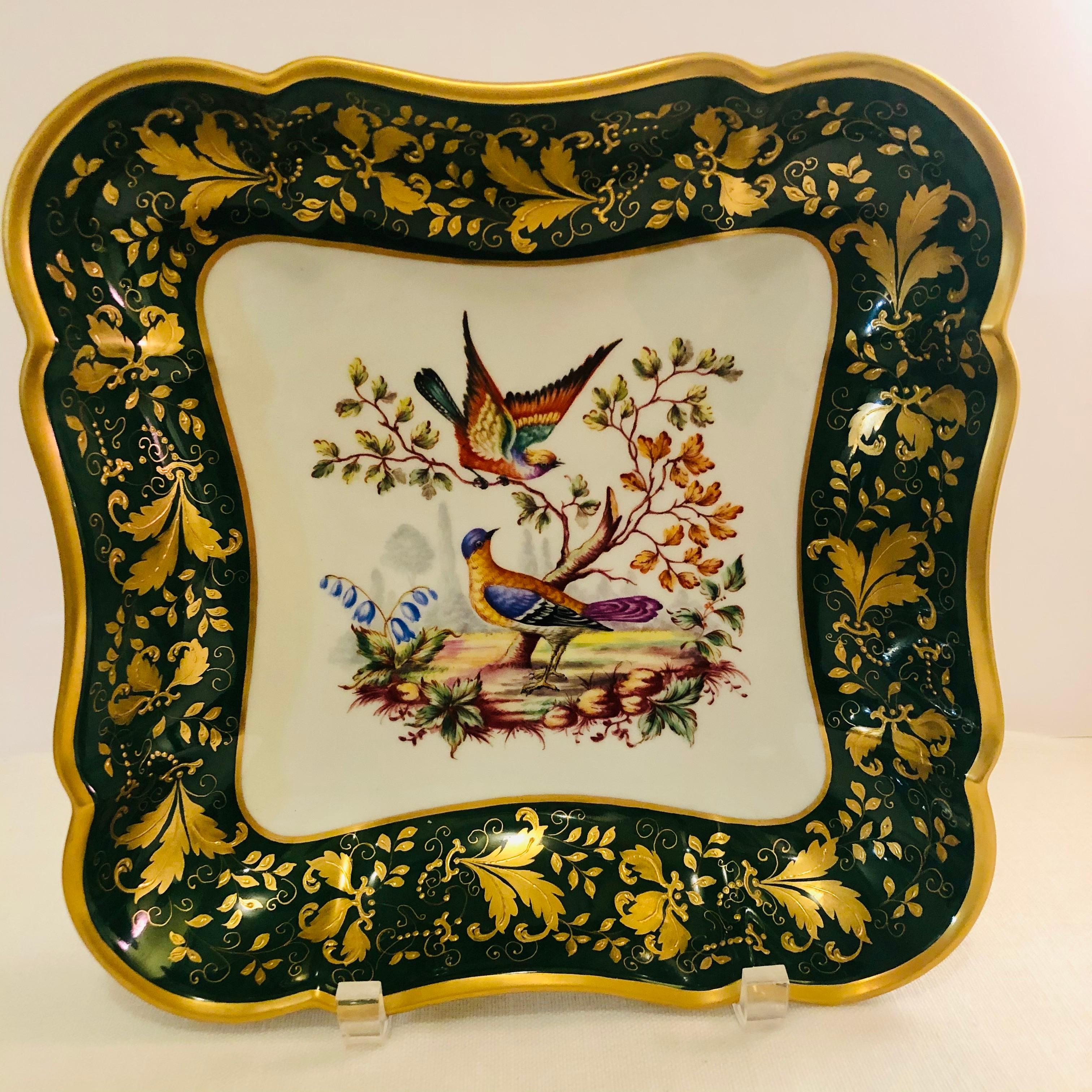 Rococo Le Tallec Green Bowl Painted with Colorful Birds with a Raised Gold Border