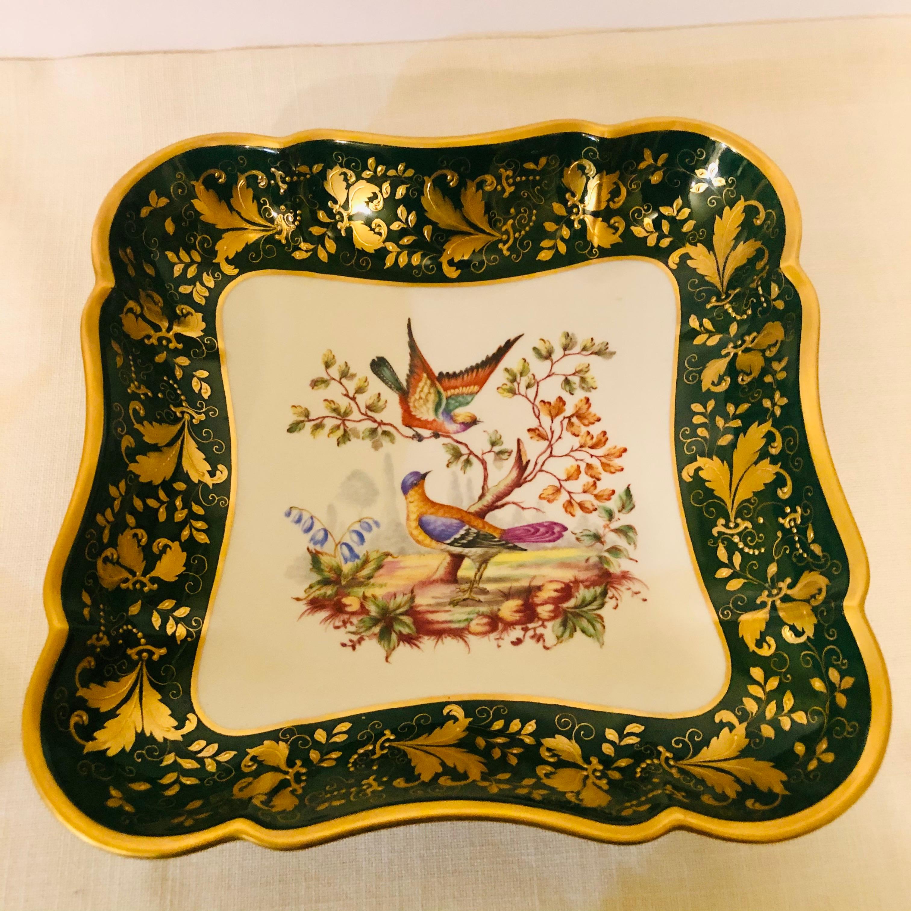 French Le Tallec Green Bowl Painted with Colorful Birds with a Raised Gold Border
