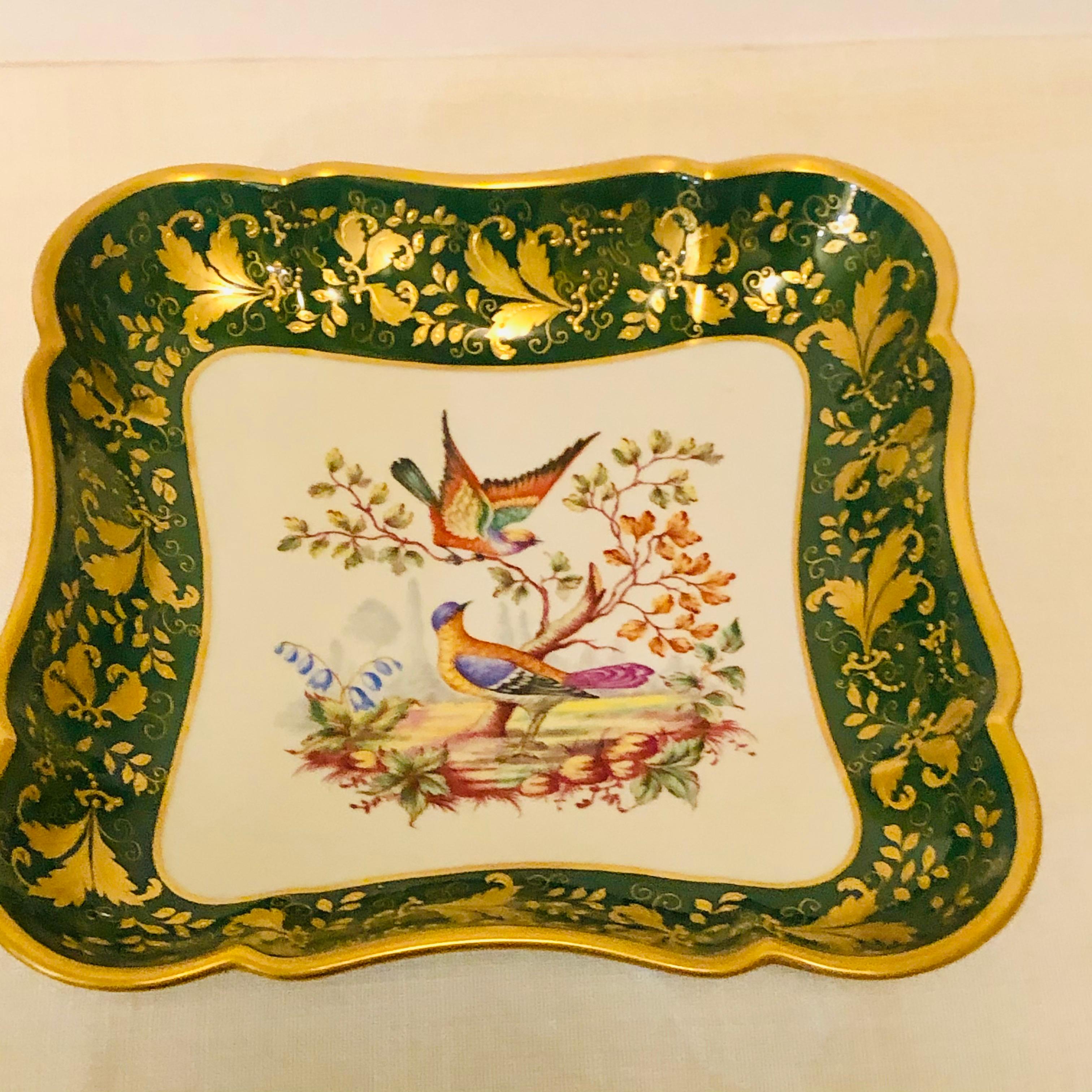 Hand-Painted Le Tallec Green Bowl Painted with Colorful Birds with a Raised Gold Border