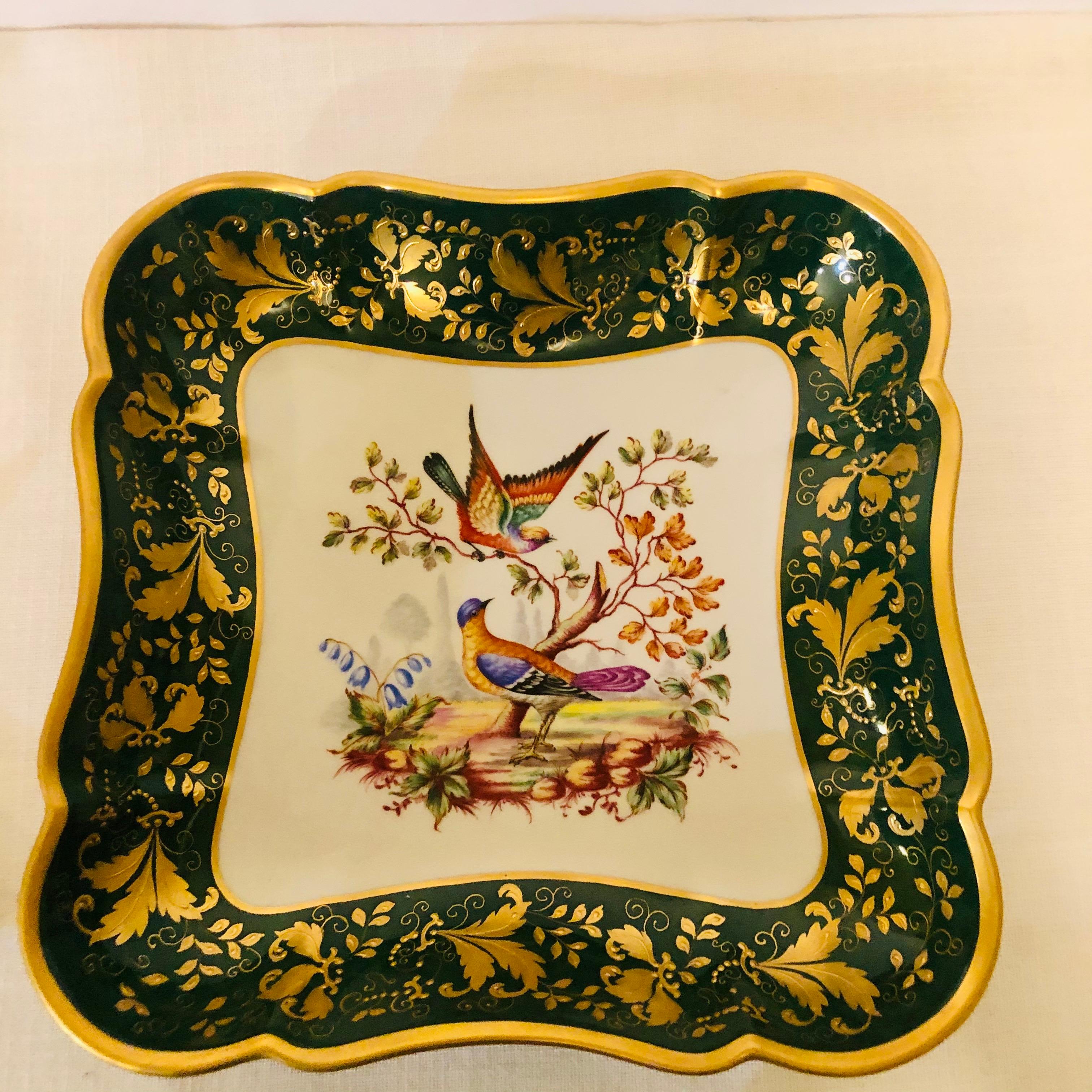 Le Tallec Green Bowl Painted with Colorful Birds with a Raised Gold Border In Good Condition In Boston, MA