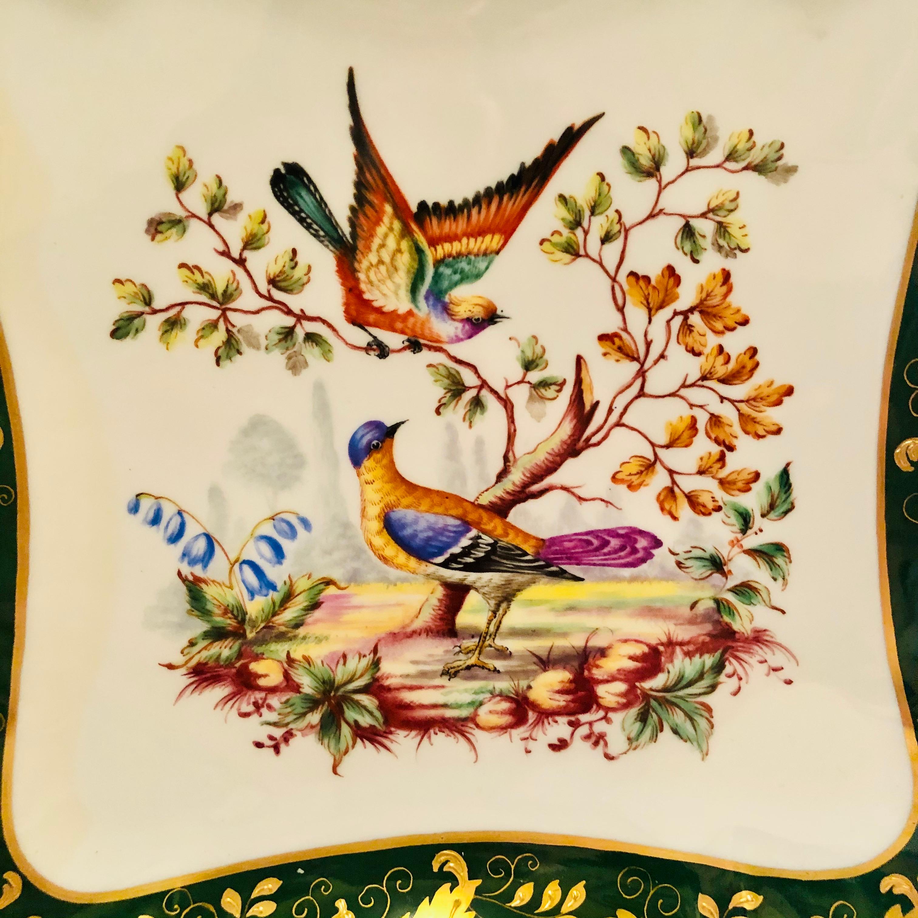 Porcelain Le Tallec Green Bowl Painted with Colorful Birds with a Raised Gold Border
