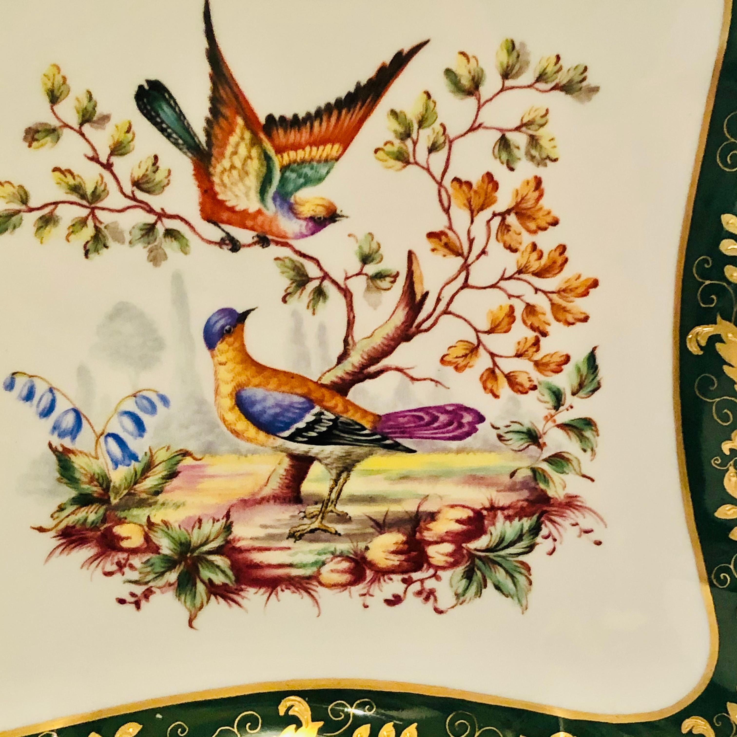 Le Tallec Green Bowl Painted with Colorful Birds with a Raised Gold Border 1