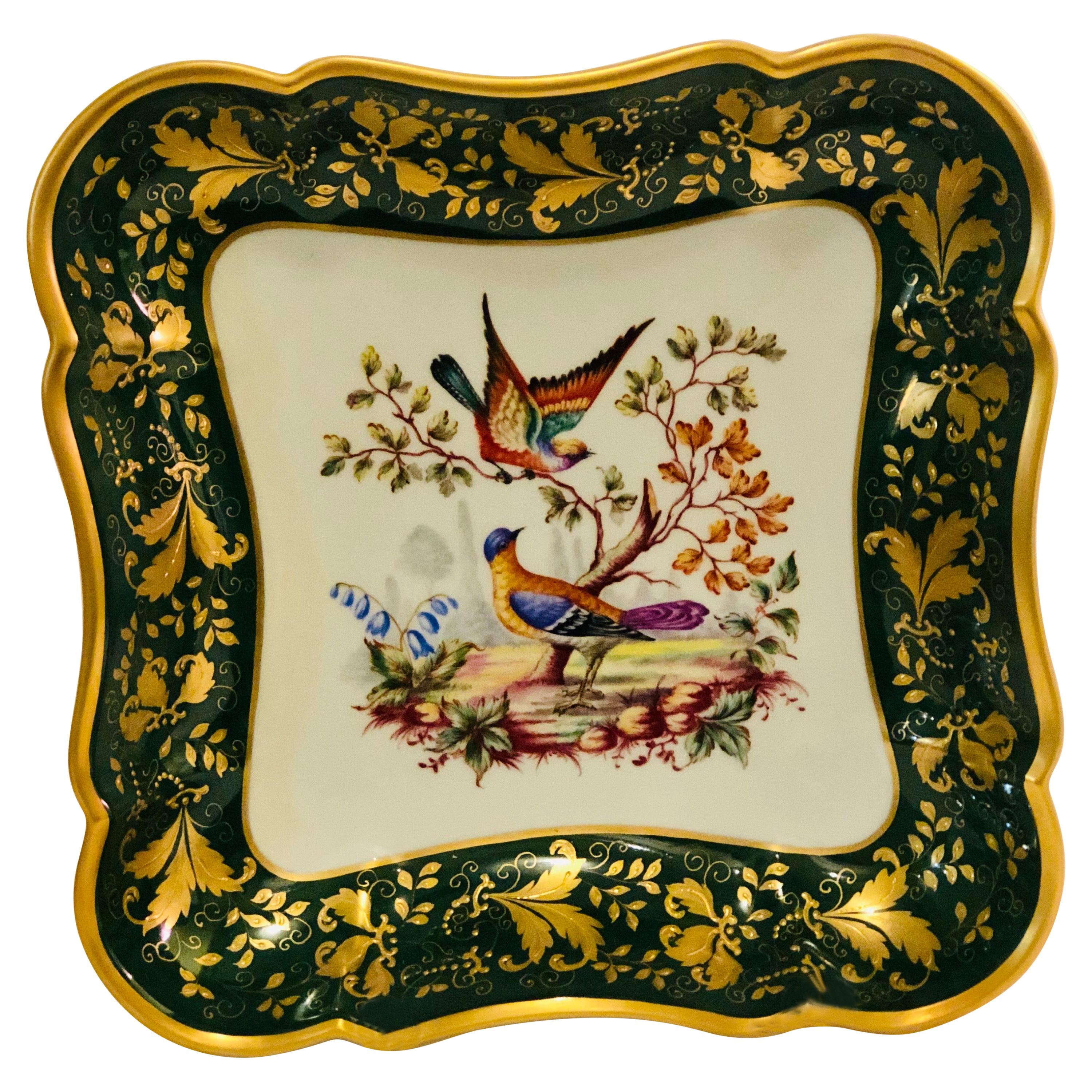 Le Tallec Green Bowl Painted with Colorful Birds with a Raised Gold Border
