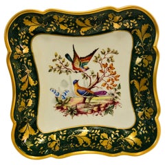 Le Tallec Green Bowl Painted with Colorful Birds with a Raised Gold Border