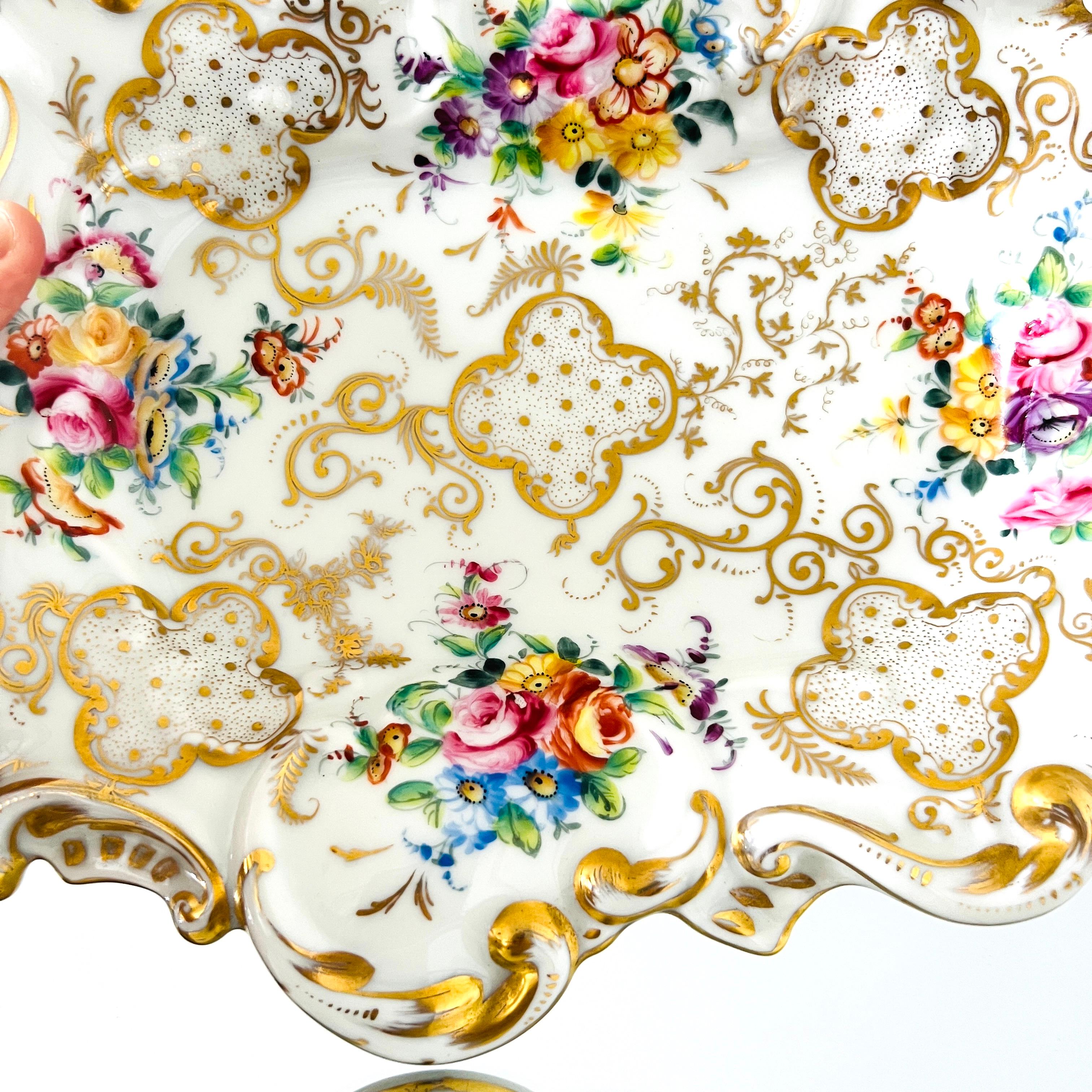 Hand-Crafted Le Tallec Hand Painted Gold and Floral Rococo Porcelain Platter or Tray For Sale