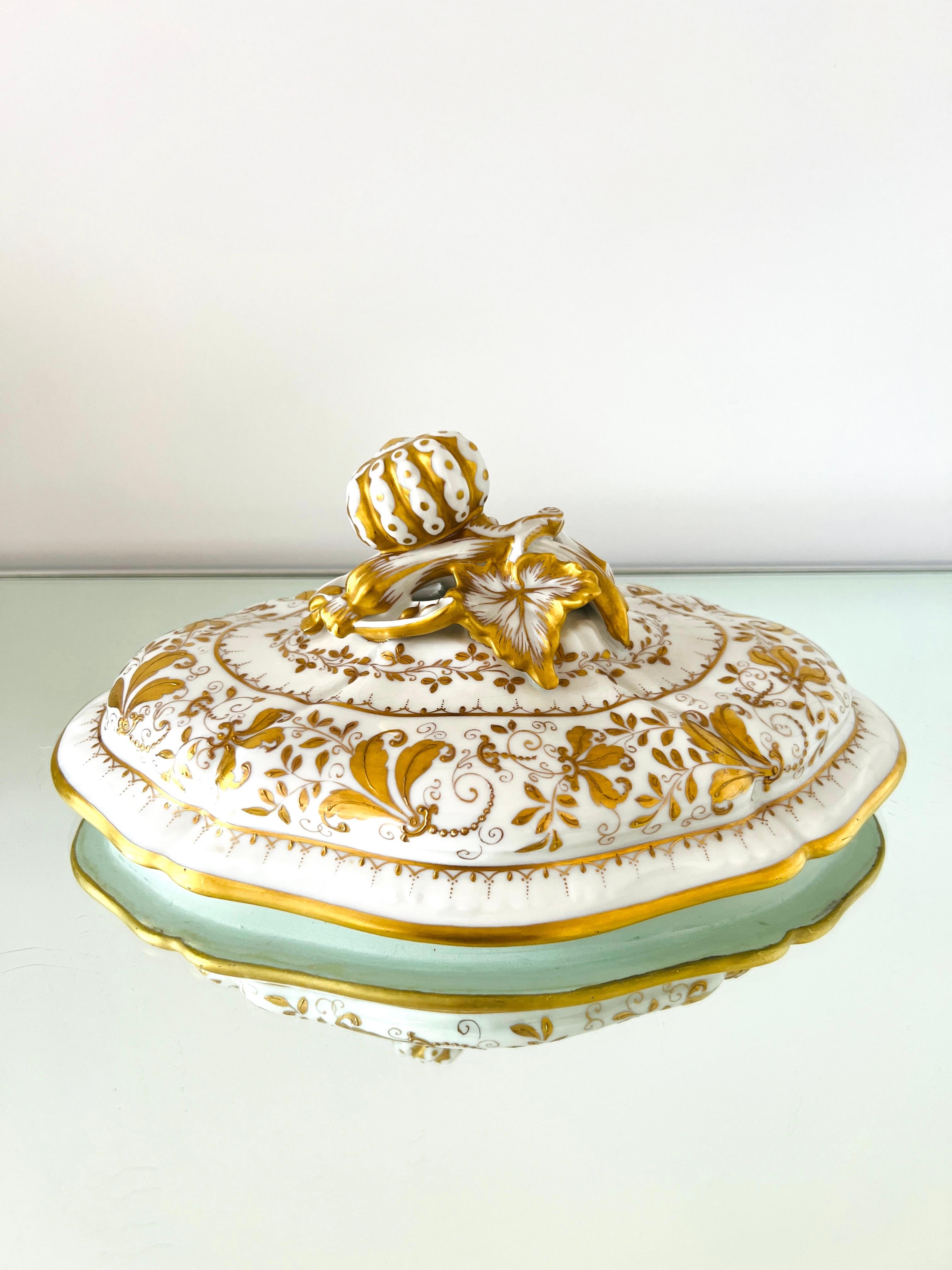 Rococo Le Tallec Hand Painted Porcelain Tureen with Gold Leaf Motifs, Paris, circa 1960 For Sale