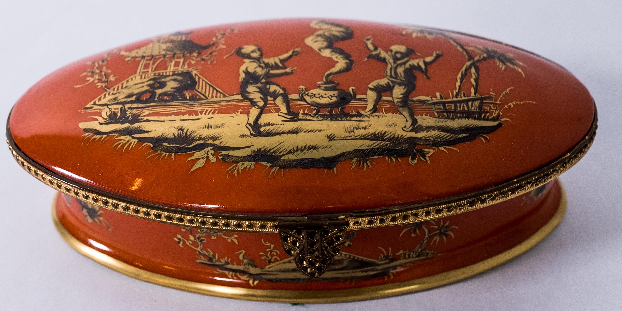 Hand-Crafted Le Tallec Orange Chinoserie Decorated Box, Full Hall Marked Great Patina