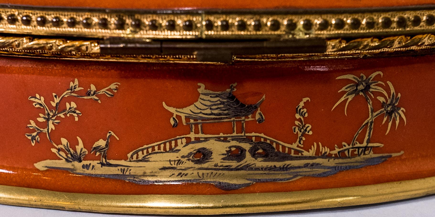 Le Tallec Orange Chinoserie Decorated Box, Full Hall Marked Great Patina In Good Condition In West Palm Beach, FL