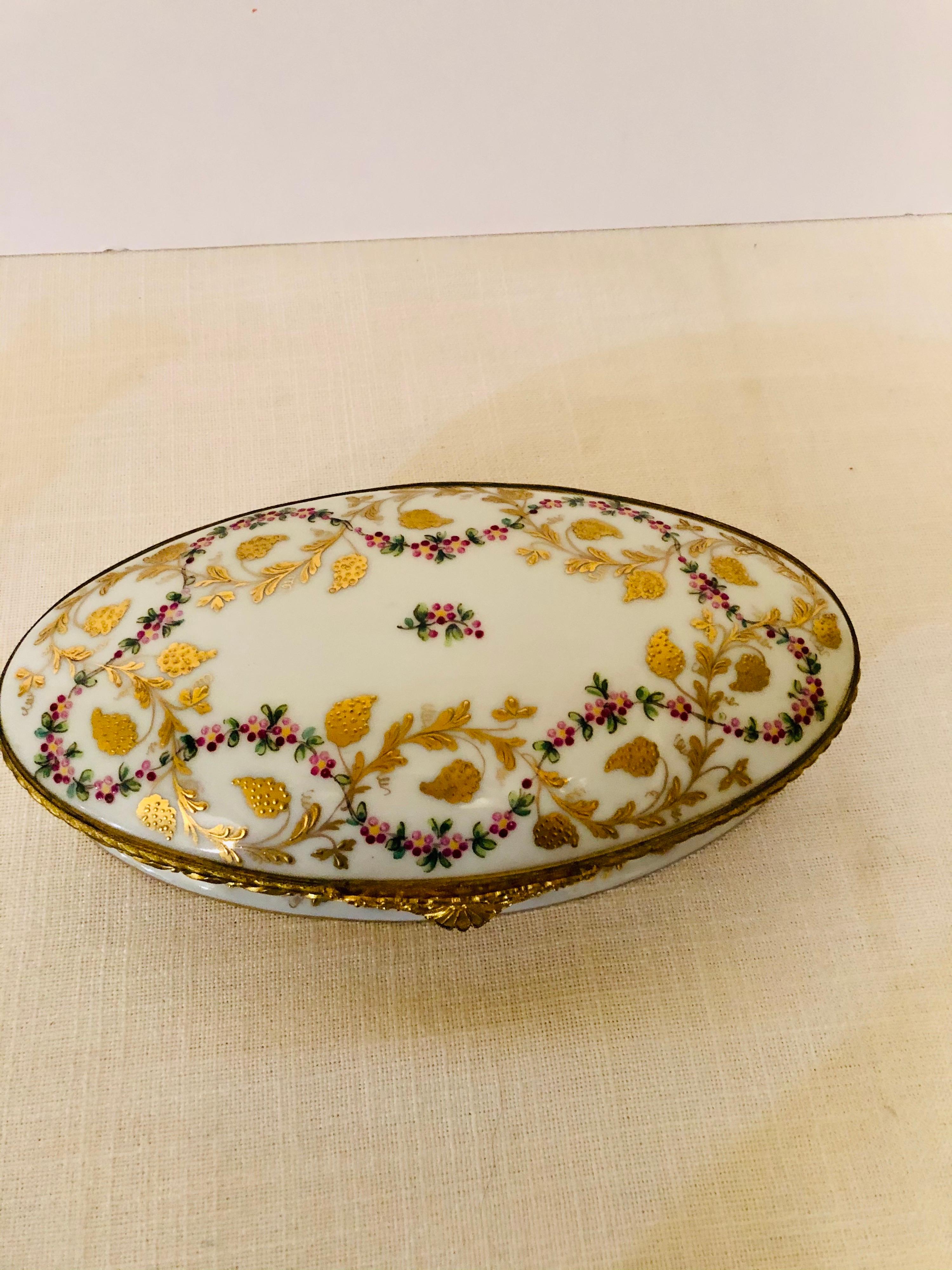 Rococo Le Tallec Oval Box with Raised Gilded Leaves & Raspberries and Ribbon of Flowers