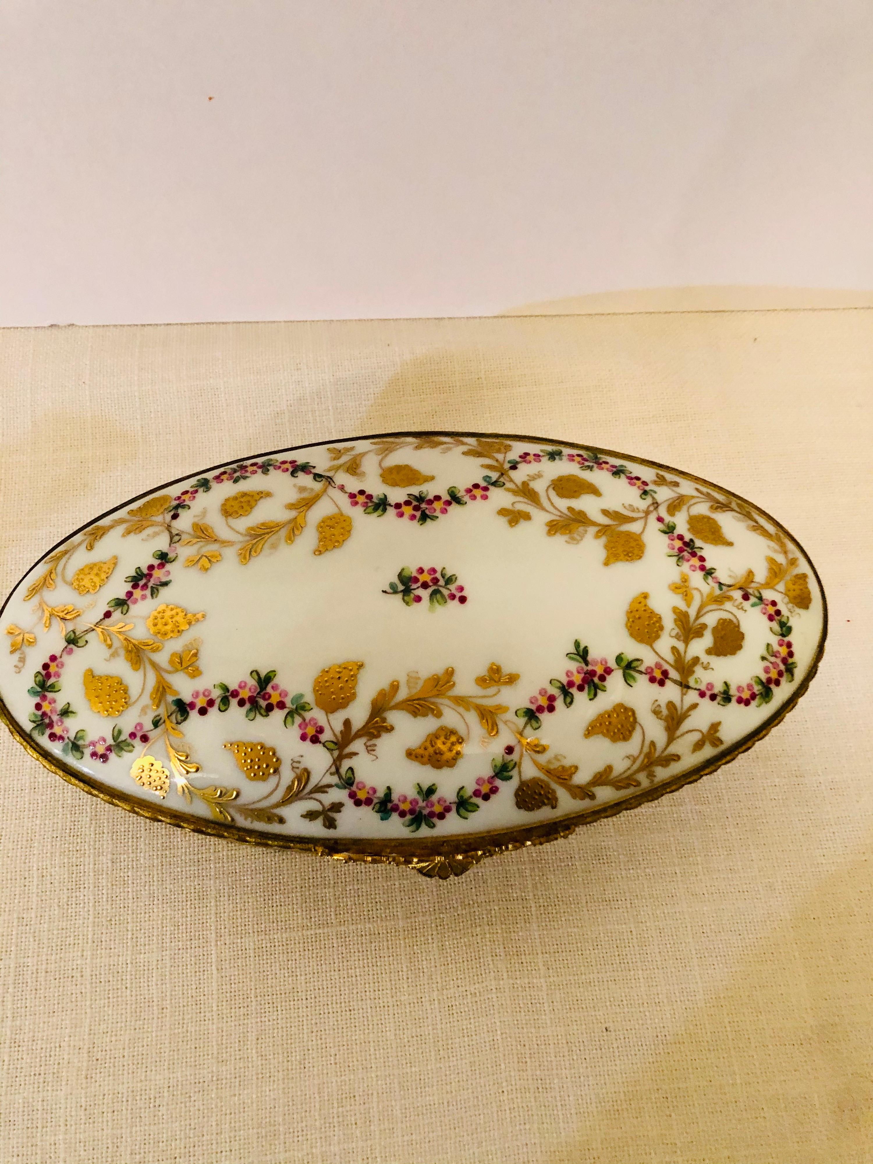 Hand-Painted Le Tallec Oval Box with Raised Gilded Leaves & Raspberries and Ribbon of Flowers