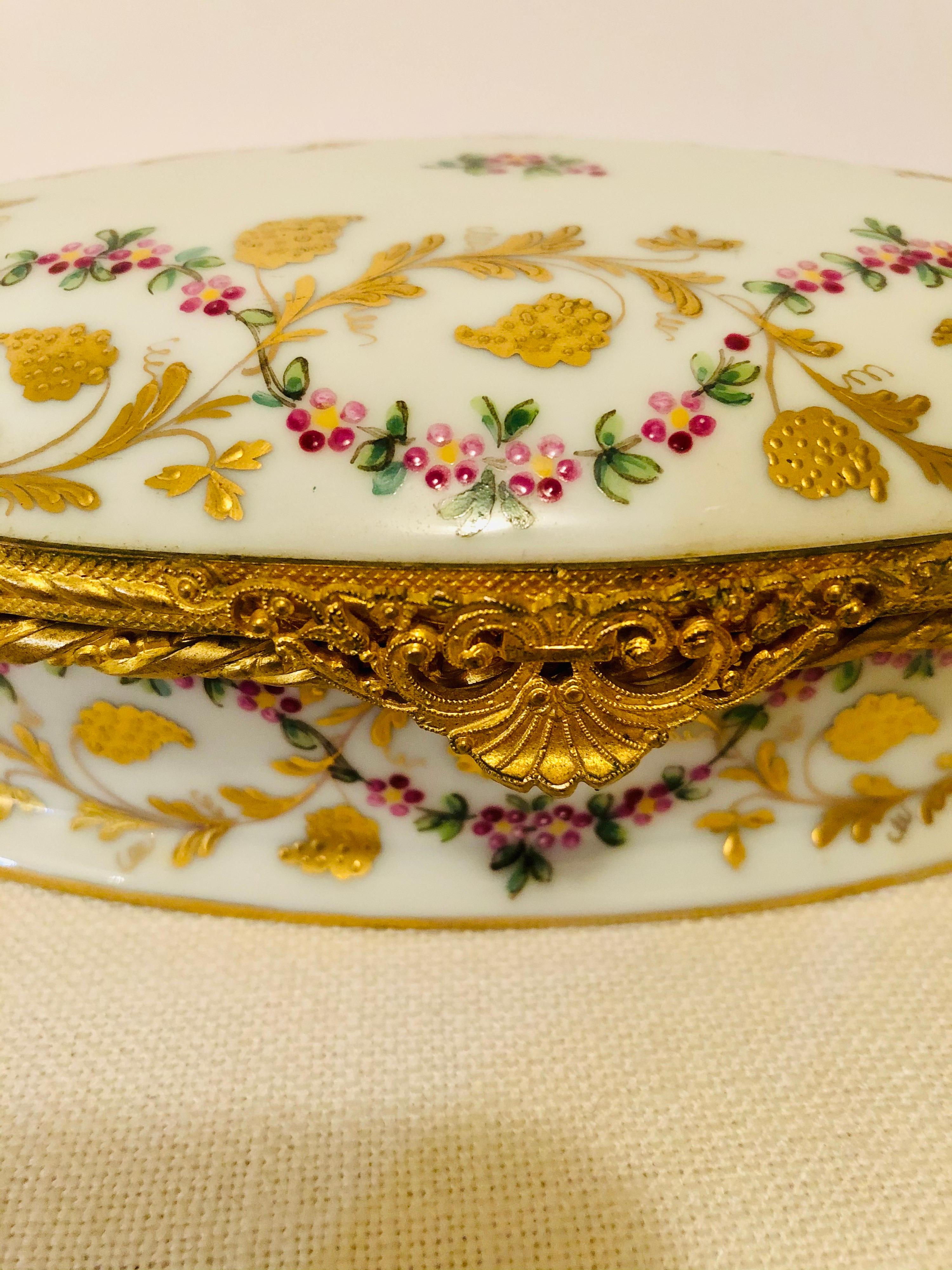 Le Tallec Oval Box with Raised Gilded Leaves & Raspberries and Ribbon of Flowers In Good Condition In Boston, MA