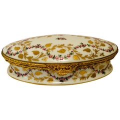 Le Tallec Oval Box with Raised Gilded Leaves & Raspberries and Ribbon of Flowers