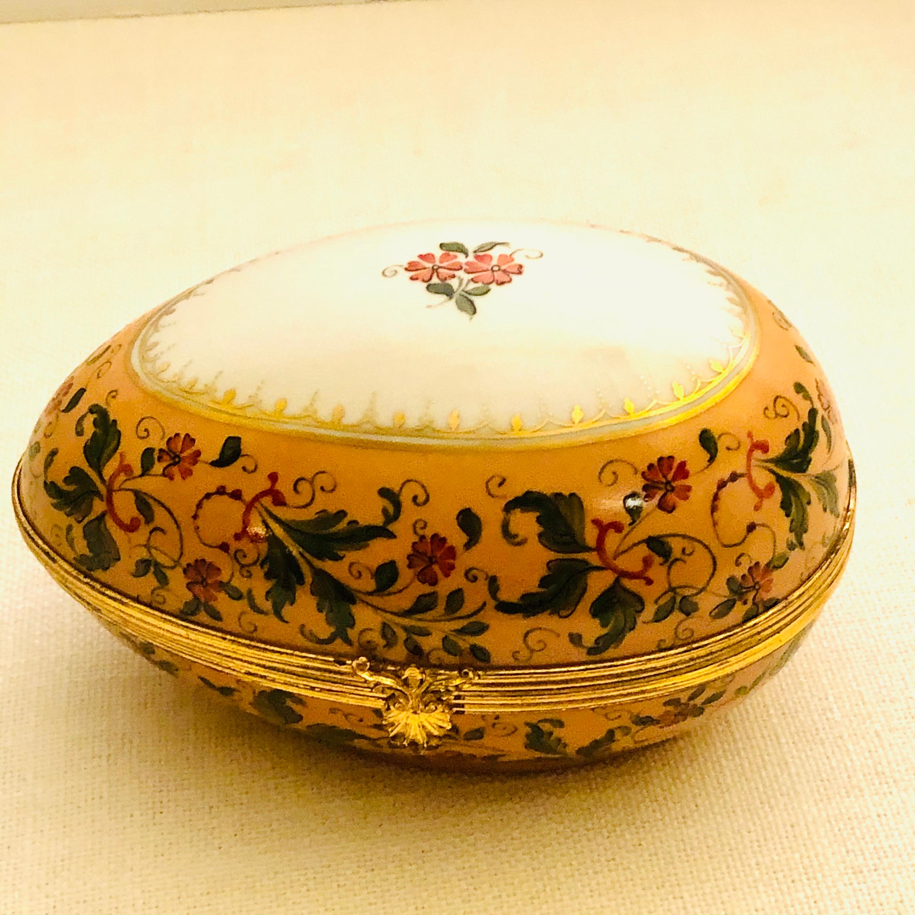 Romantic Le Tallec Peach Ground Egg Shaped Box Painted with Peach Flowers & Green Leaves