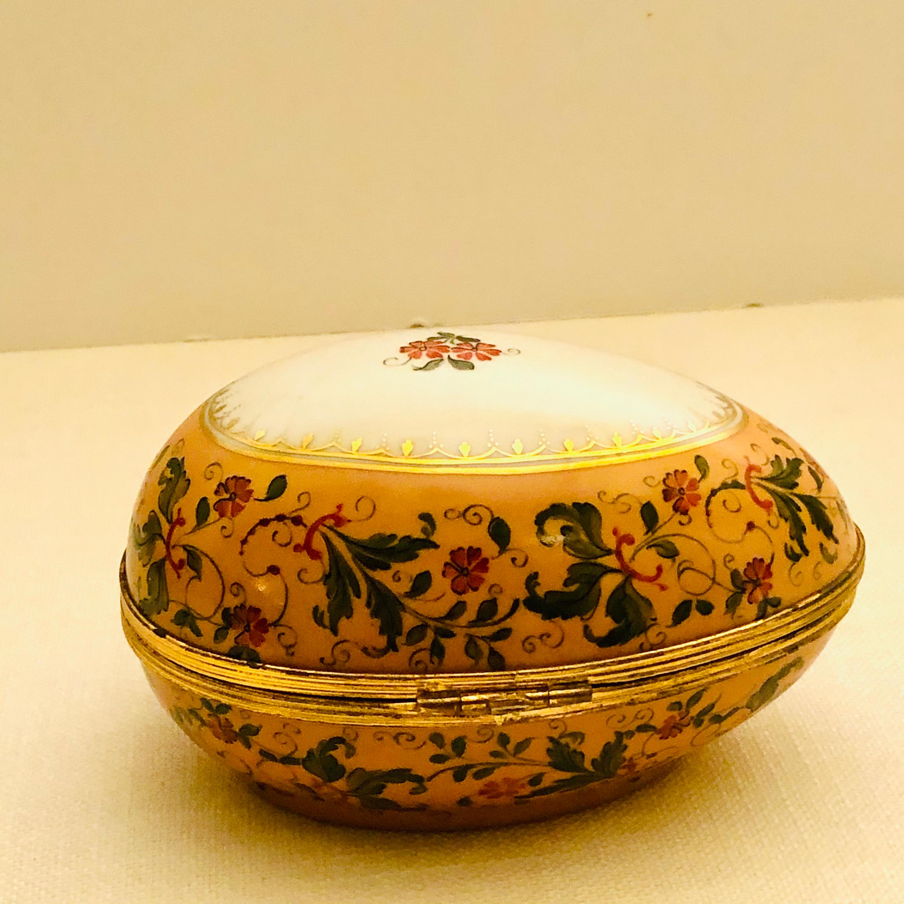 French Le Tallec Peach Ground Egg Shaped Box Painted with Peach Flowers & Green Leaves