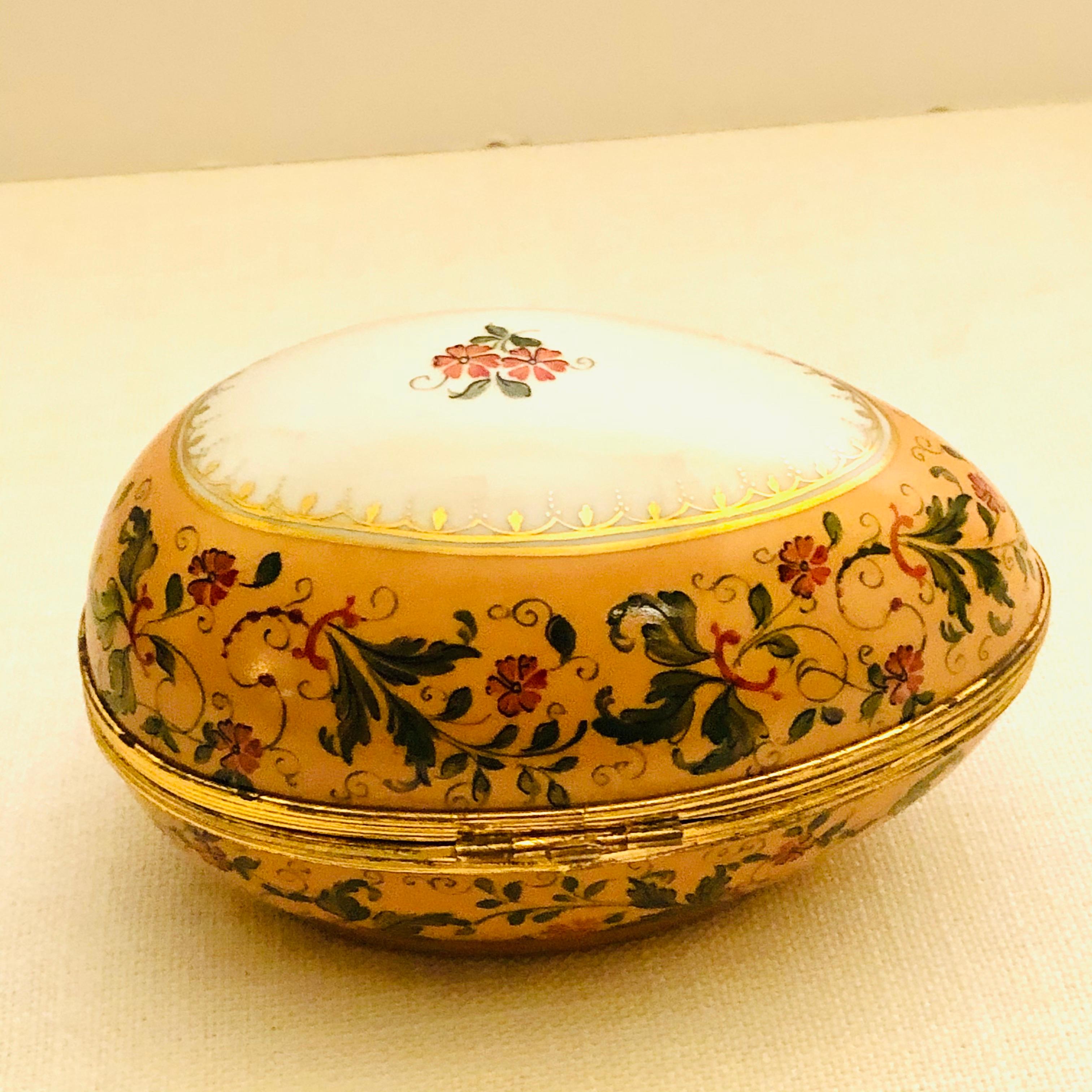 Le Tallec Peach Ground Egg Shaped Box Painted with Peach Flowers & Green Leaves In Good Condition In Boston, MA