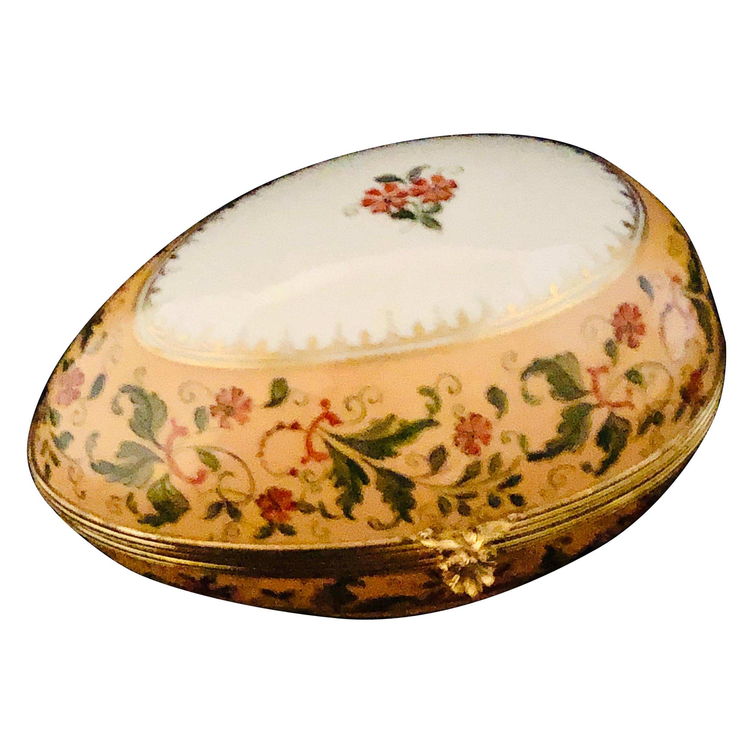 Le Tallec Peach Ground Egg Shaped Box Painted with Peach Flowers & Green Leaves