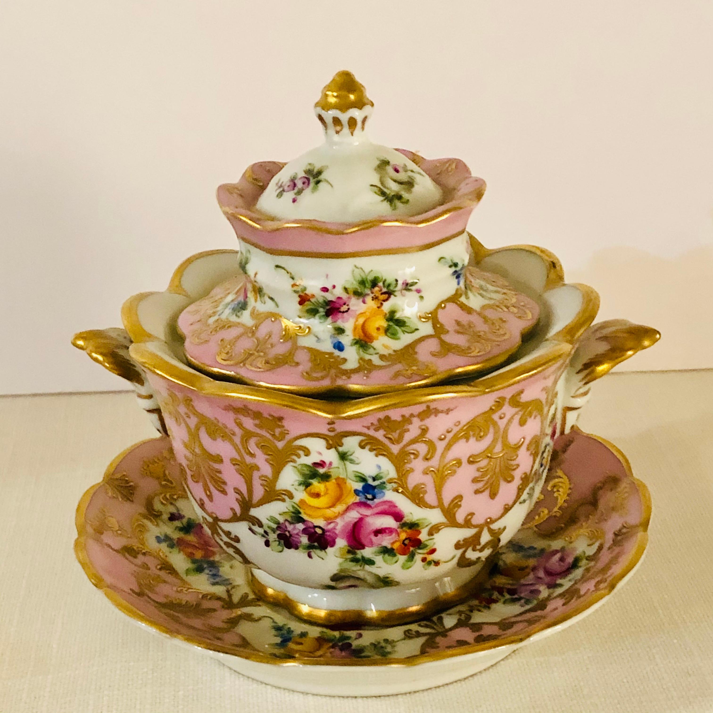 Rococo Le Tallec Pink Covered Bowl with Flower Bouquets & Raised Gold Embellishments