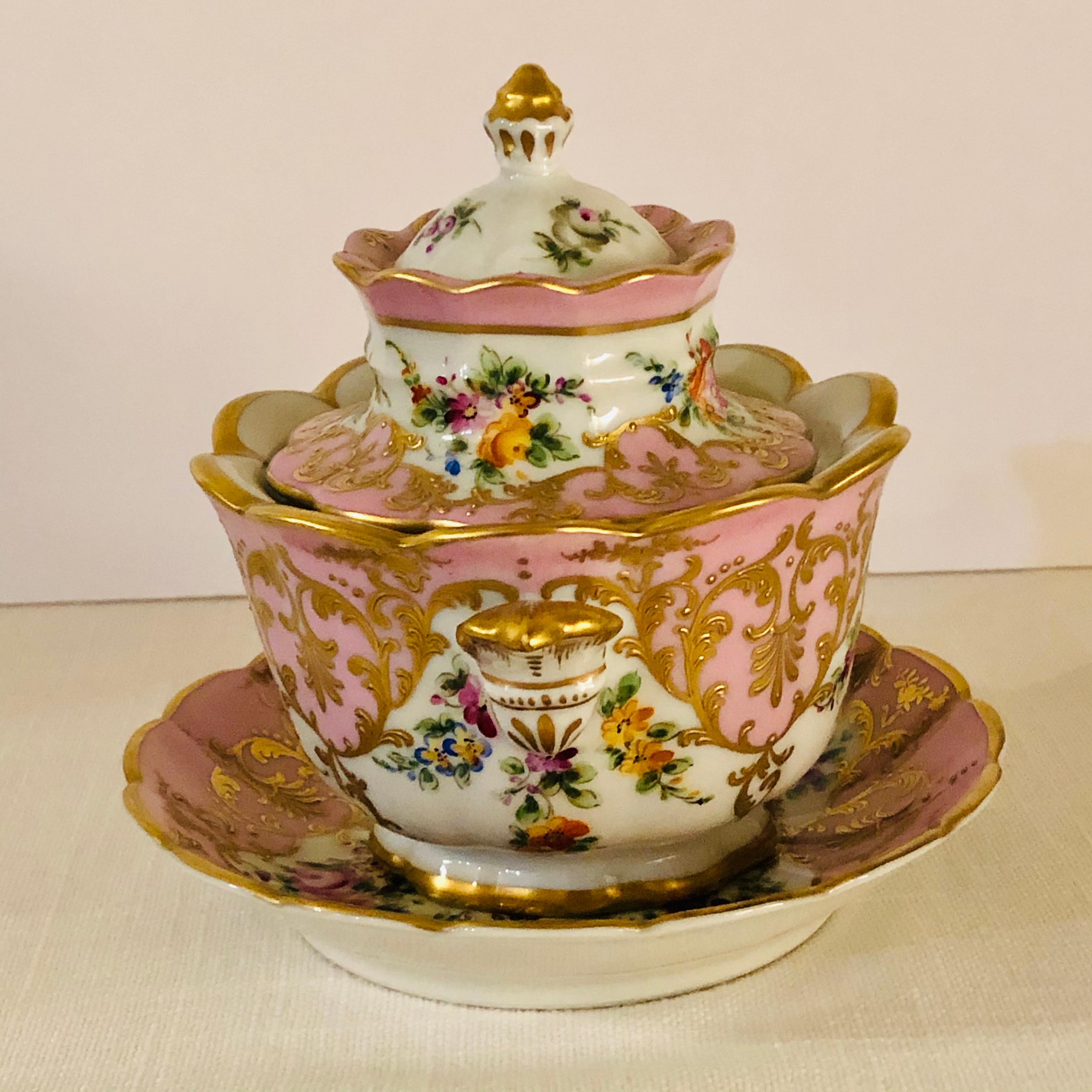 French Le Tallec Pink Covered Bowl with Flower Bouquets & Raised Gold Embellishments