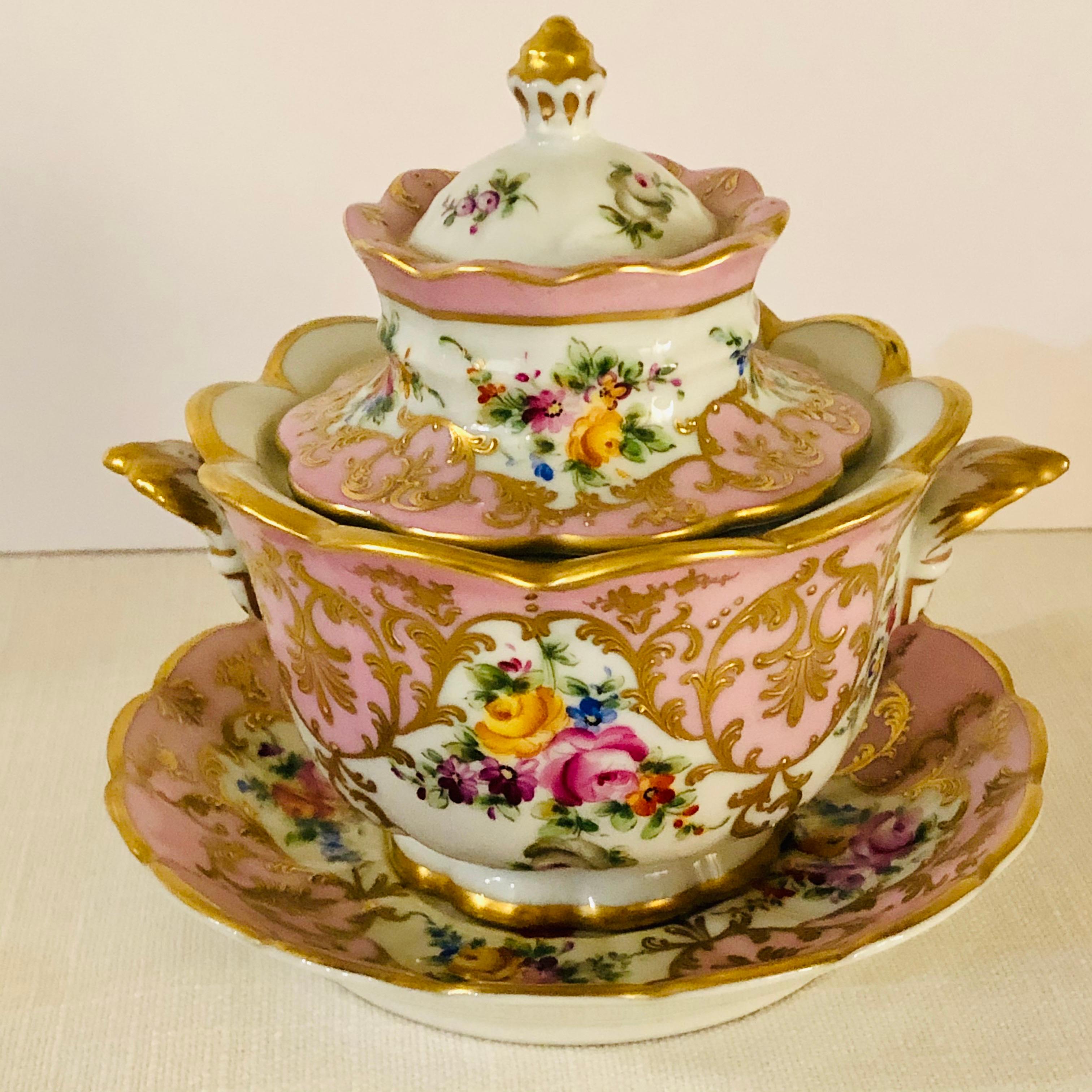 Hand-Painted Le Tallec Pink Covered Bowl with Flower Bouquets & Raised Gold Embellishments