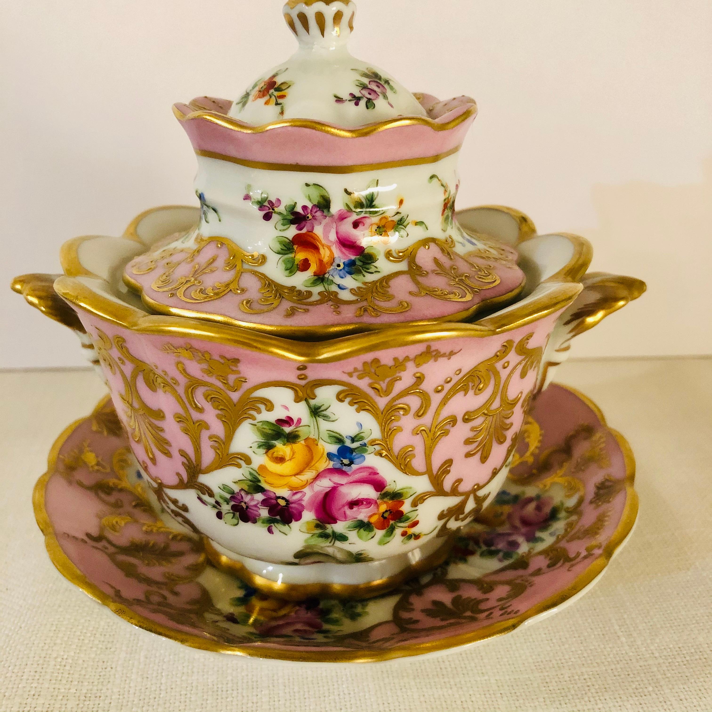 Le Tallec Pink Covered Bowl with Flower Bouquets & Raised Gold Embellishments In Good Condition In Boston, MA