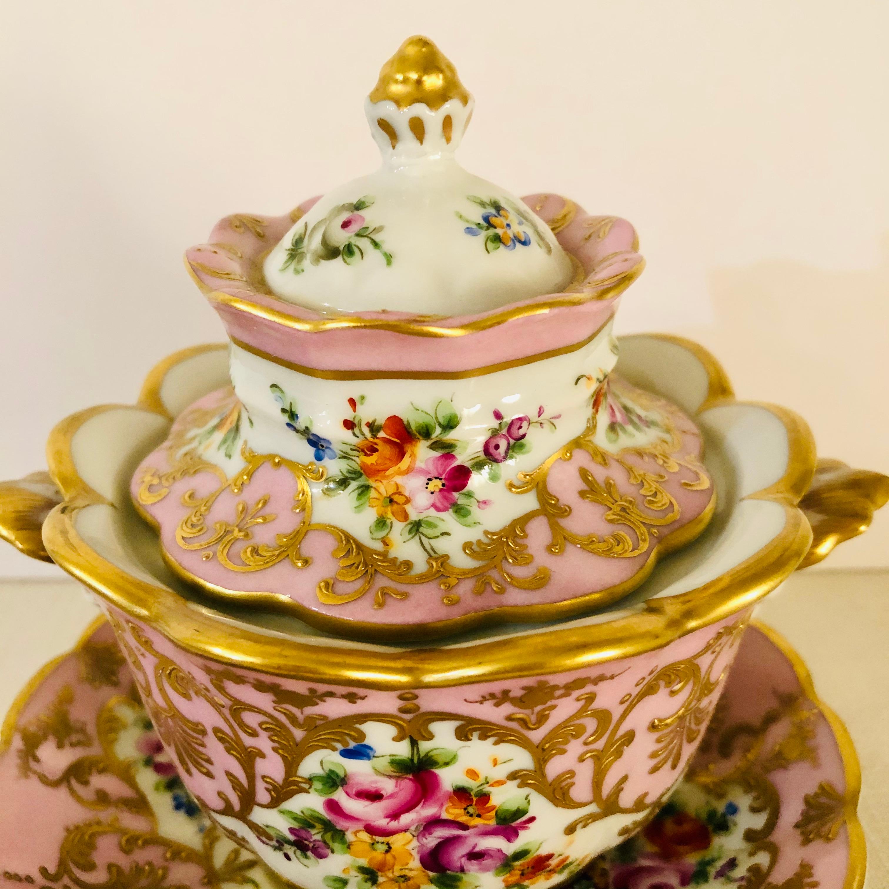 Porcelain Le Tallec Pink Covered Bowl with Flower Bouquets & Raised Gold Embellishments