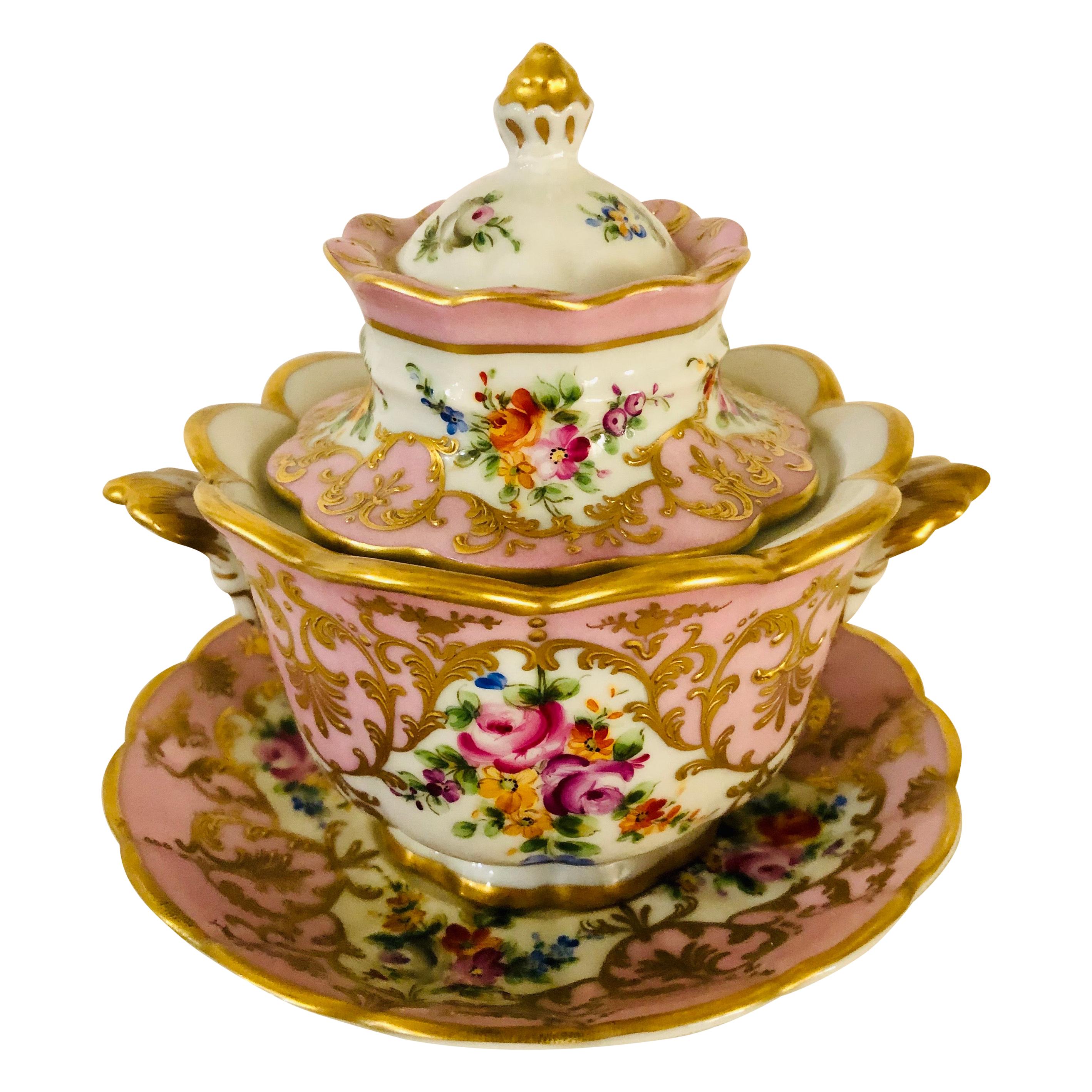Le Tallec Pink Covered Bowl with Flower Bouquets & Raised Gold Embellishments