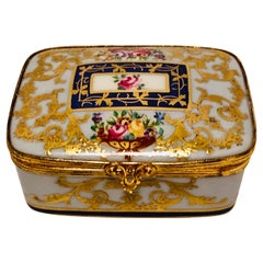 Vintage Le Tallec Porcelain Box with Decorated with Flower Bouquets and Raised Gilding