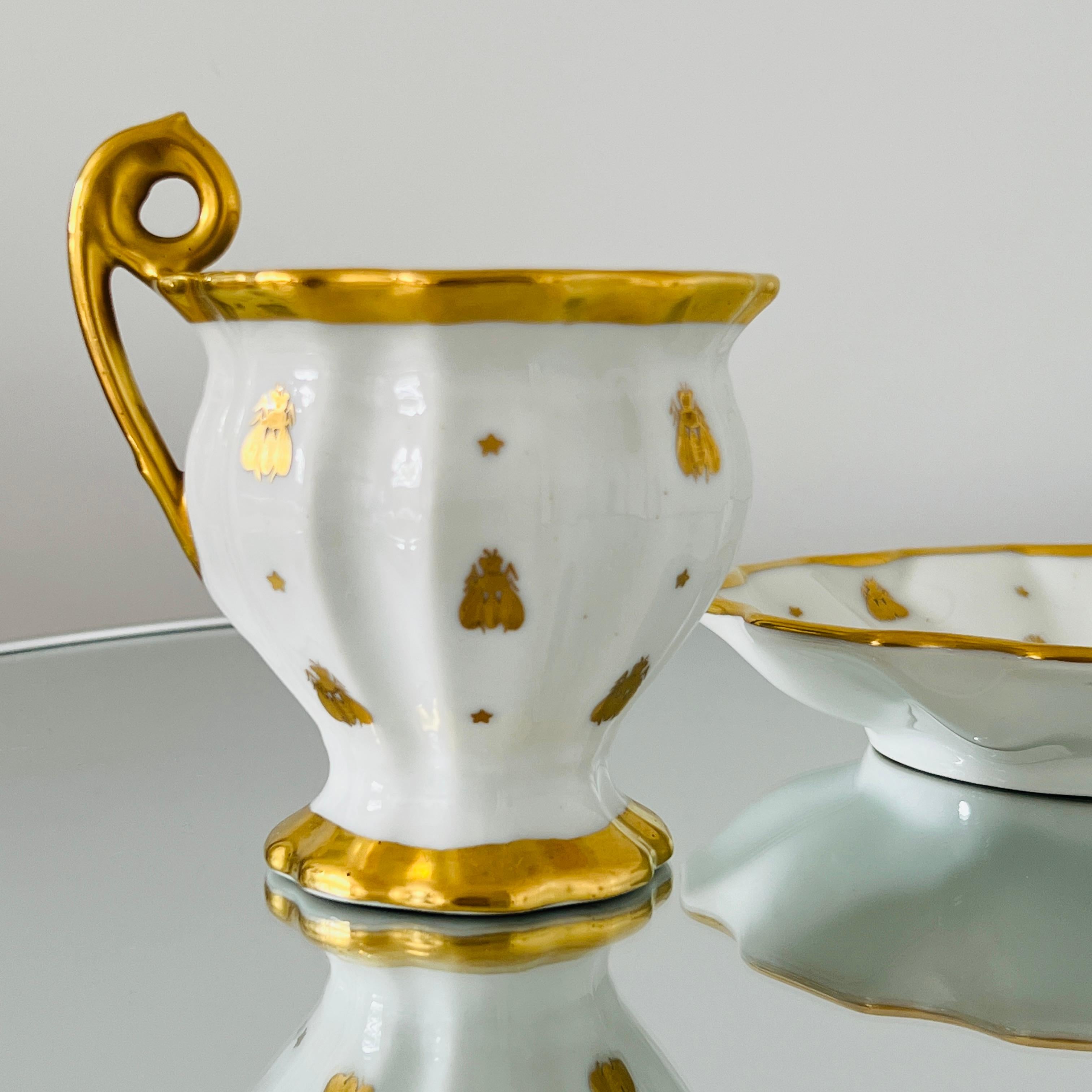 Hand-Crafted Le Tallec Porcelain Candy Cup and Dish Set with Napoleon Gold Bee Motif, c 1952