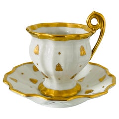Le Tallec Porcelain Candy Cup and Dish Set with Napoleon Gold Bee Motif, c 1952