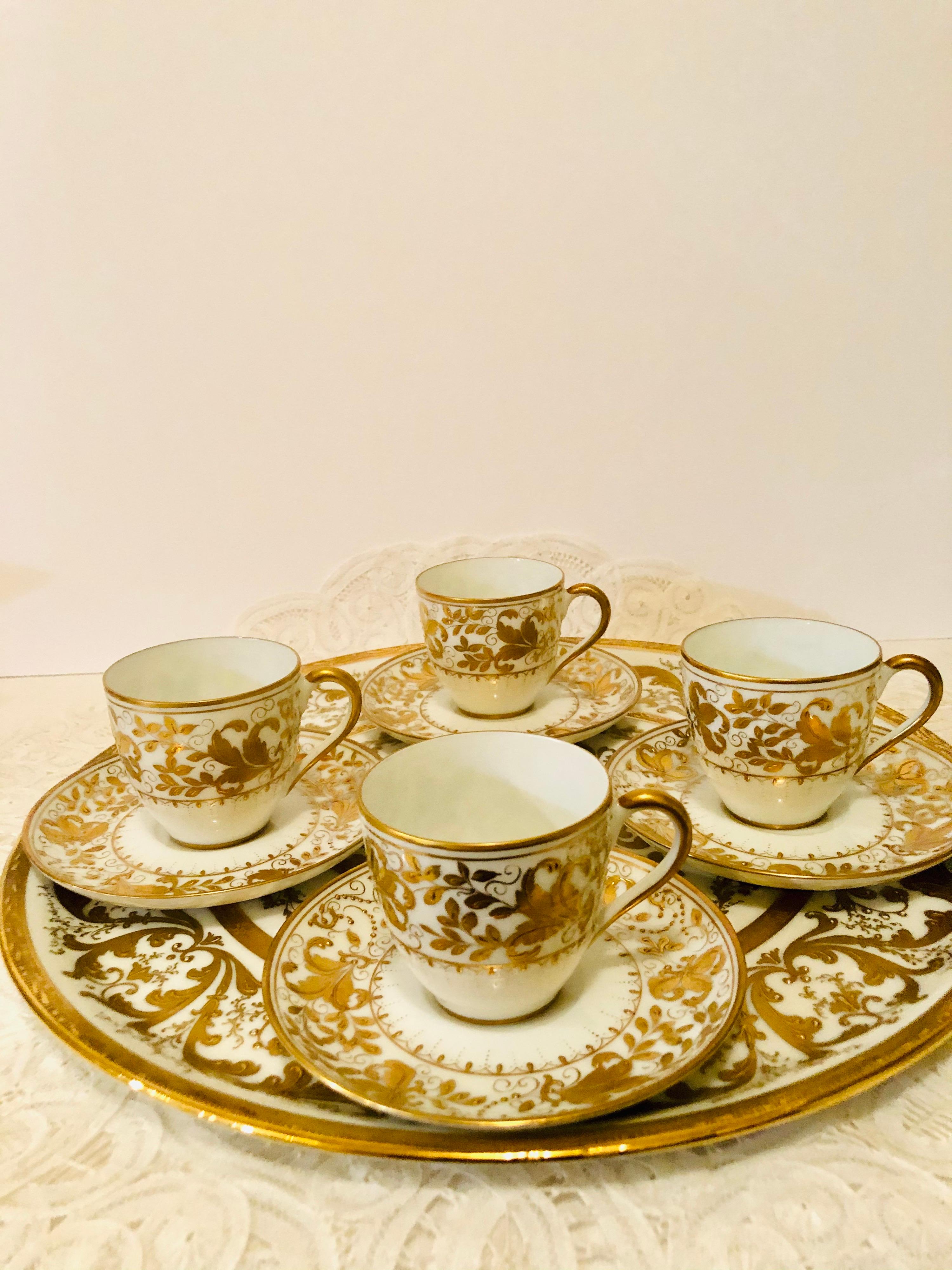 Le Tallec Set of 4 Demitasse Cups and Matching Tray with Profuse Raised Gilding For Sale 5