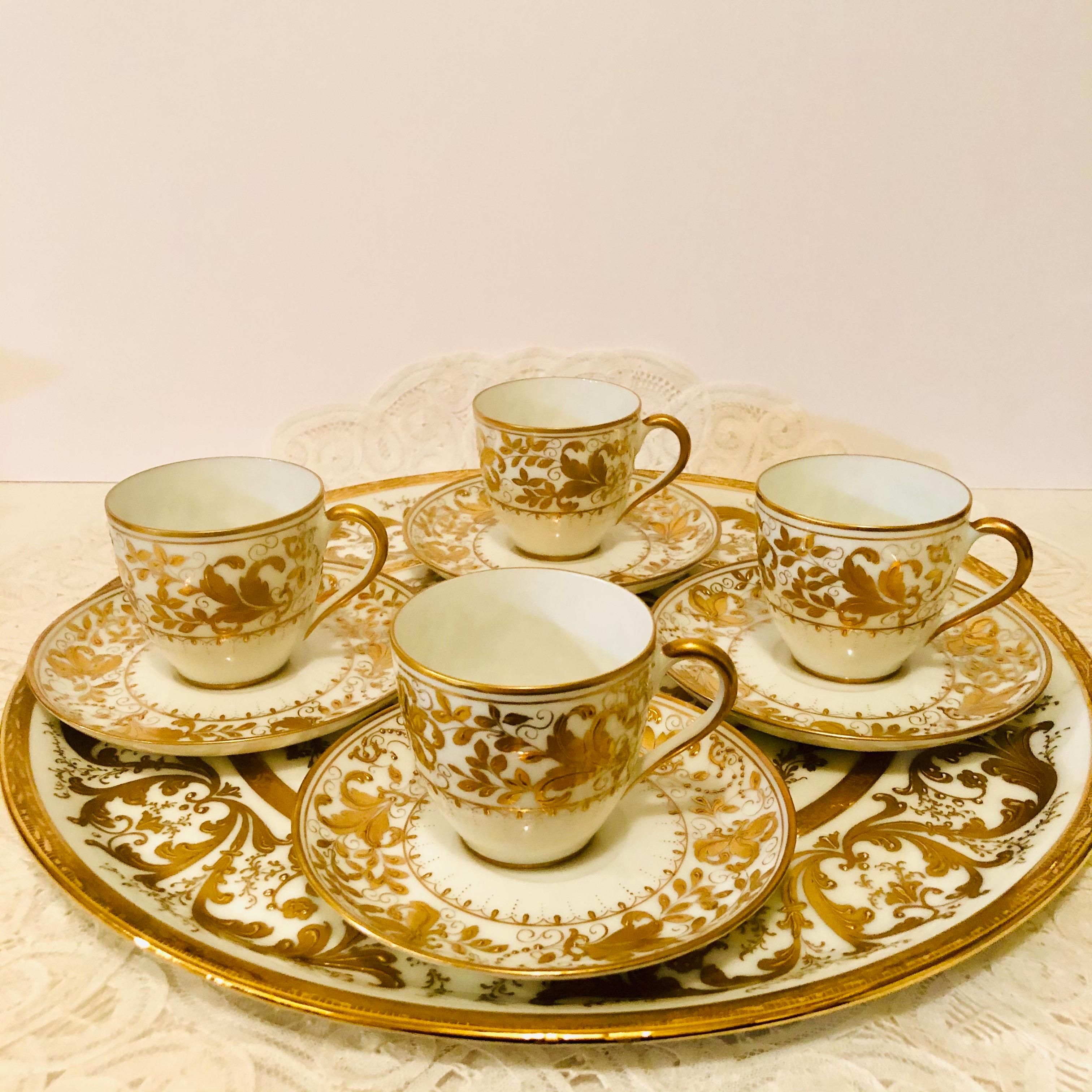 Rococo Le Tallec Set of 4 Demitasse Cups and Matching Tray with Profuse Raised Gilding For Sale