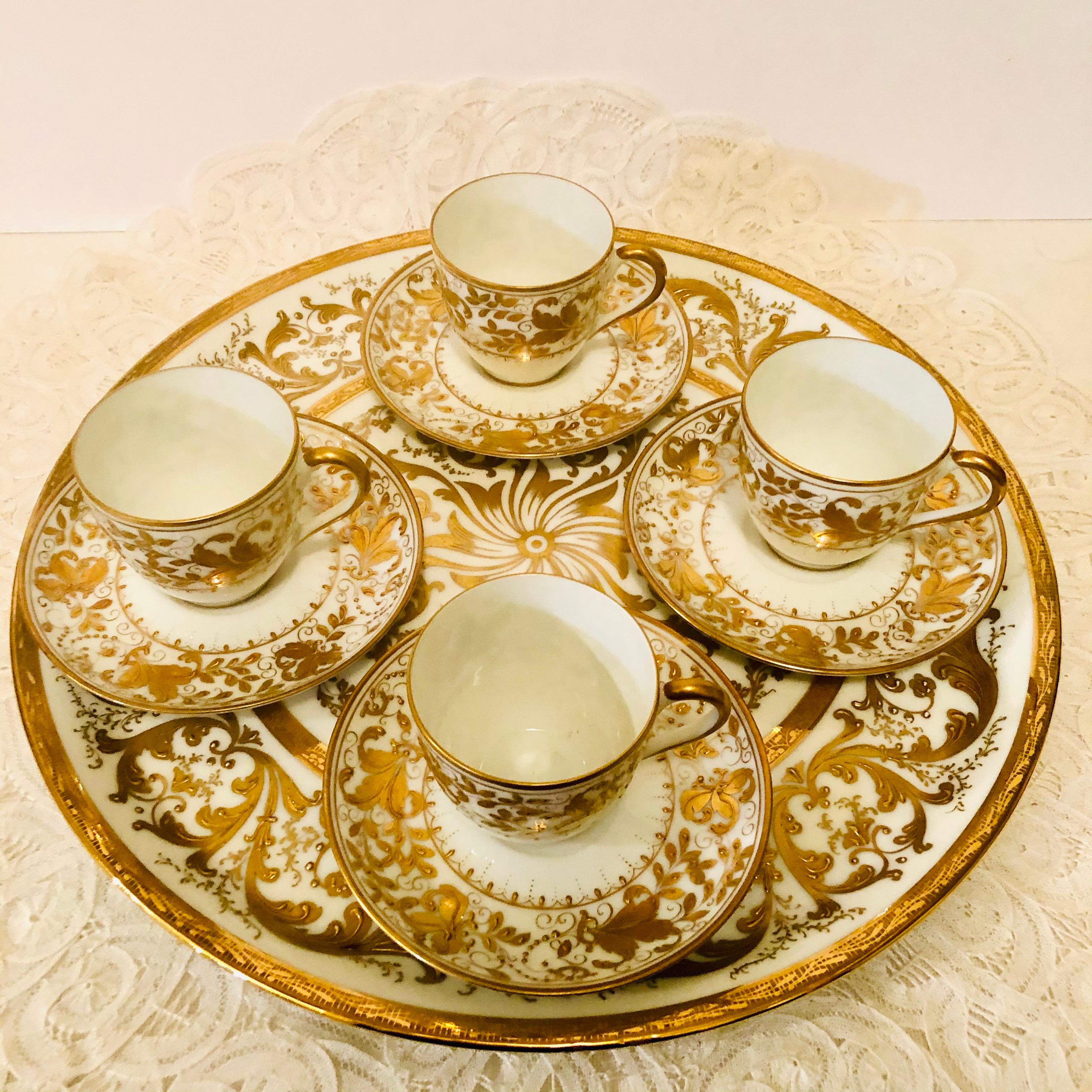 French Le Tallec Set of 4 Demitasse Cups and Matching Tray with Profuse Raised Gilding For Sale