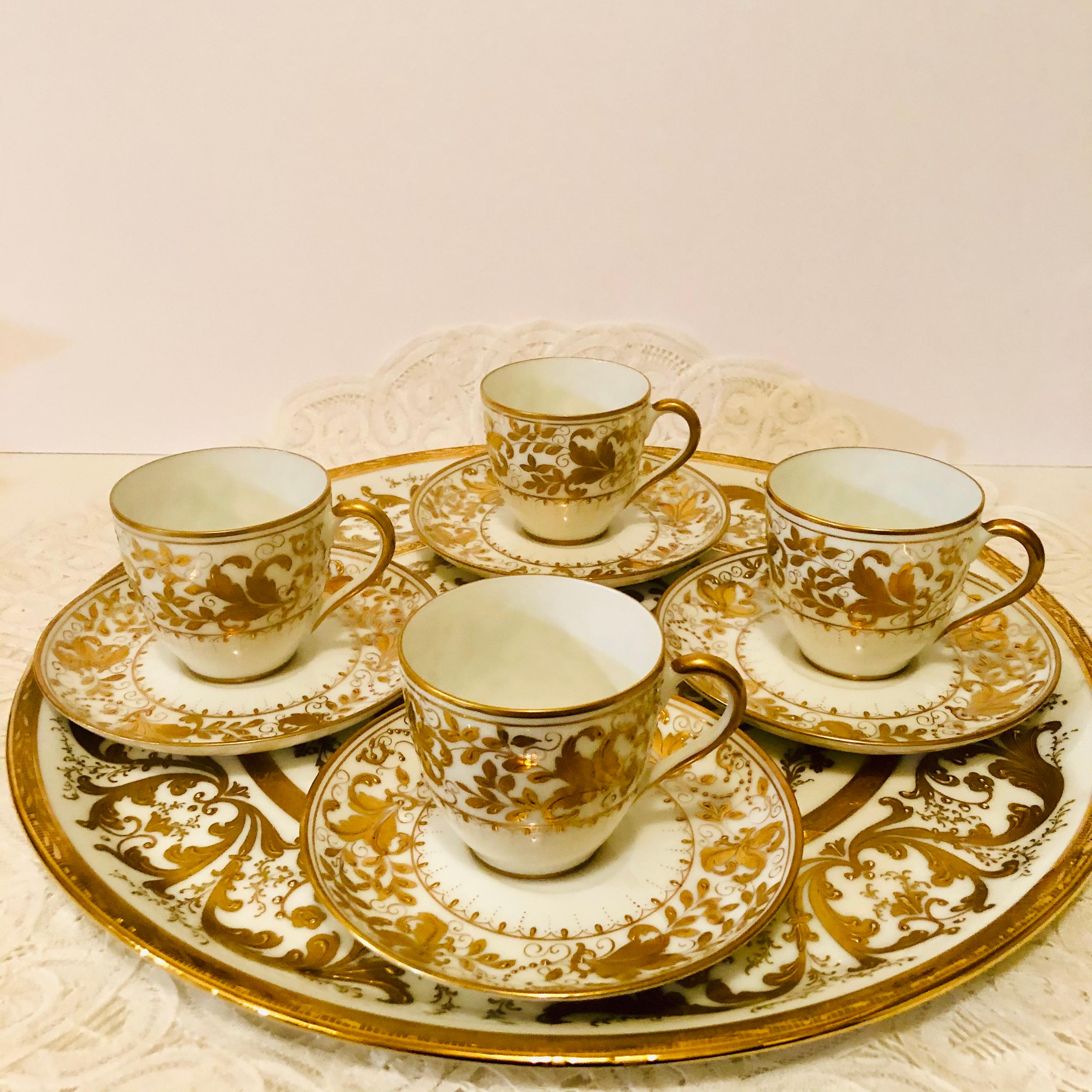 Gilt Le Tallec Set of 4 Demitasse Cups and Matching Tray with Profuse Raised Gilding For Sale