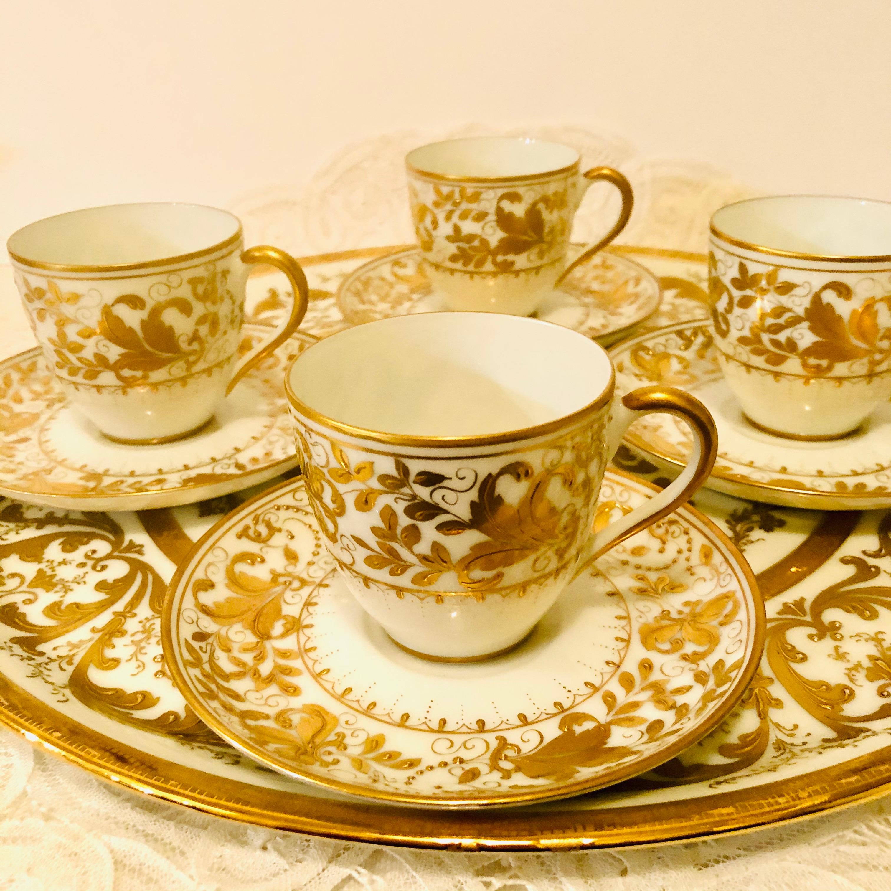 Porcelain Le Tallec Set of 4 Demitasse Cups and Matching Tray with Profuse Raised Gilding For Sale