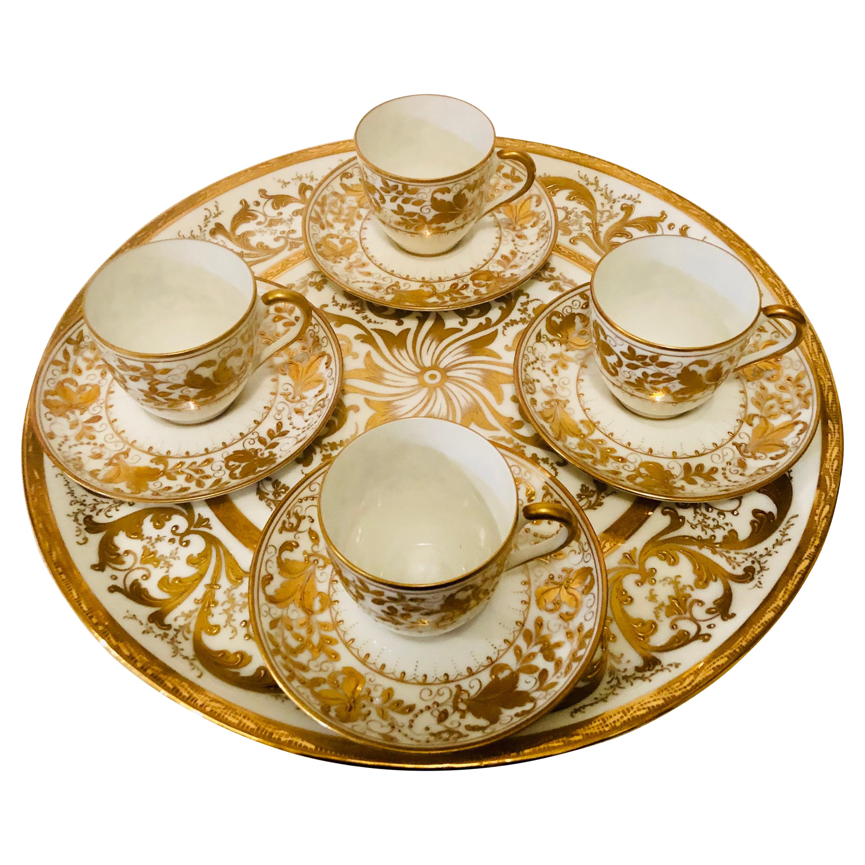 Le Tallec Set of 4 Demitasse Cups and Matching Tray with Profuse Raised Gilding