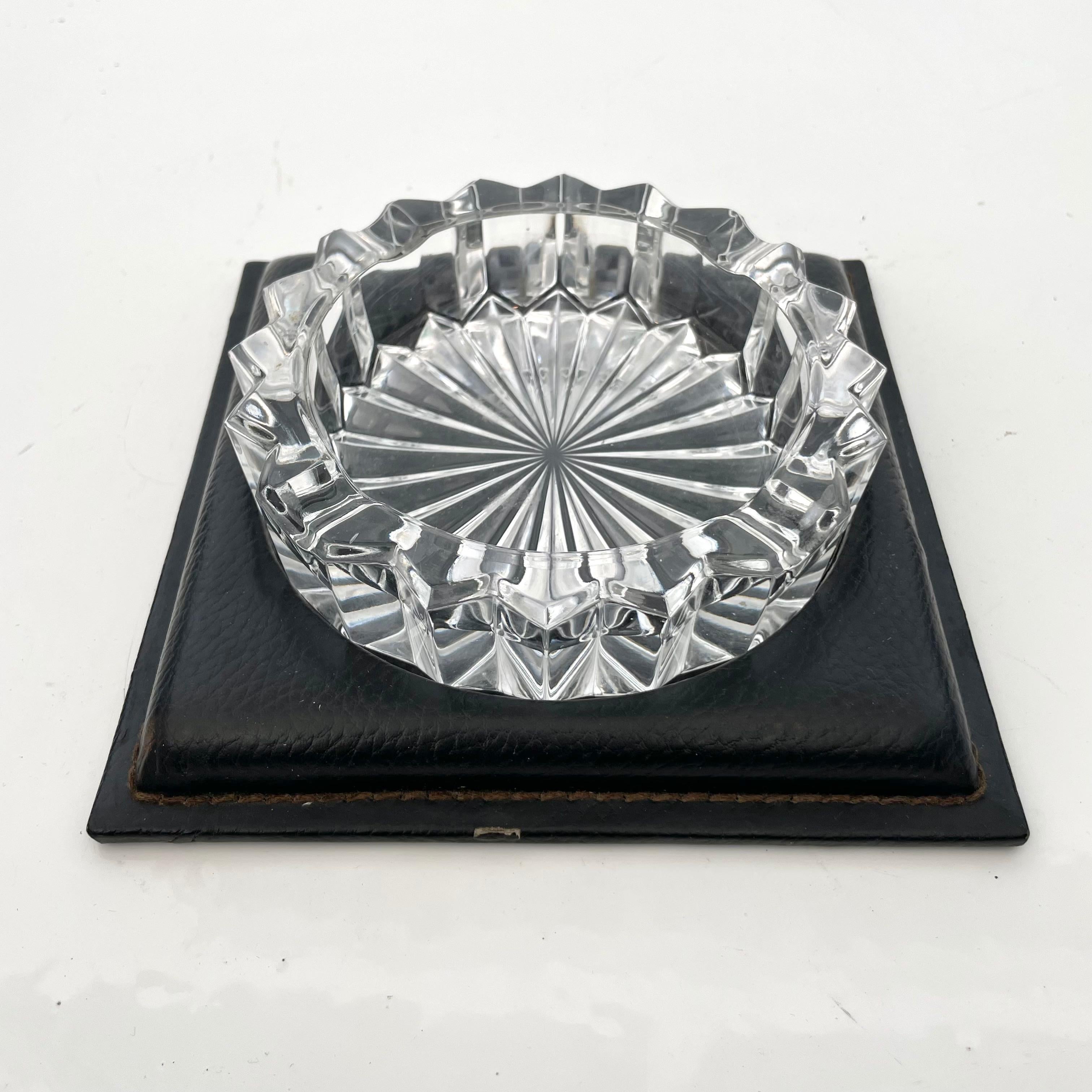 French Le Tanneur Leather and Glass Ashtray For Sale
