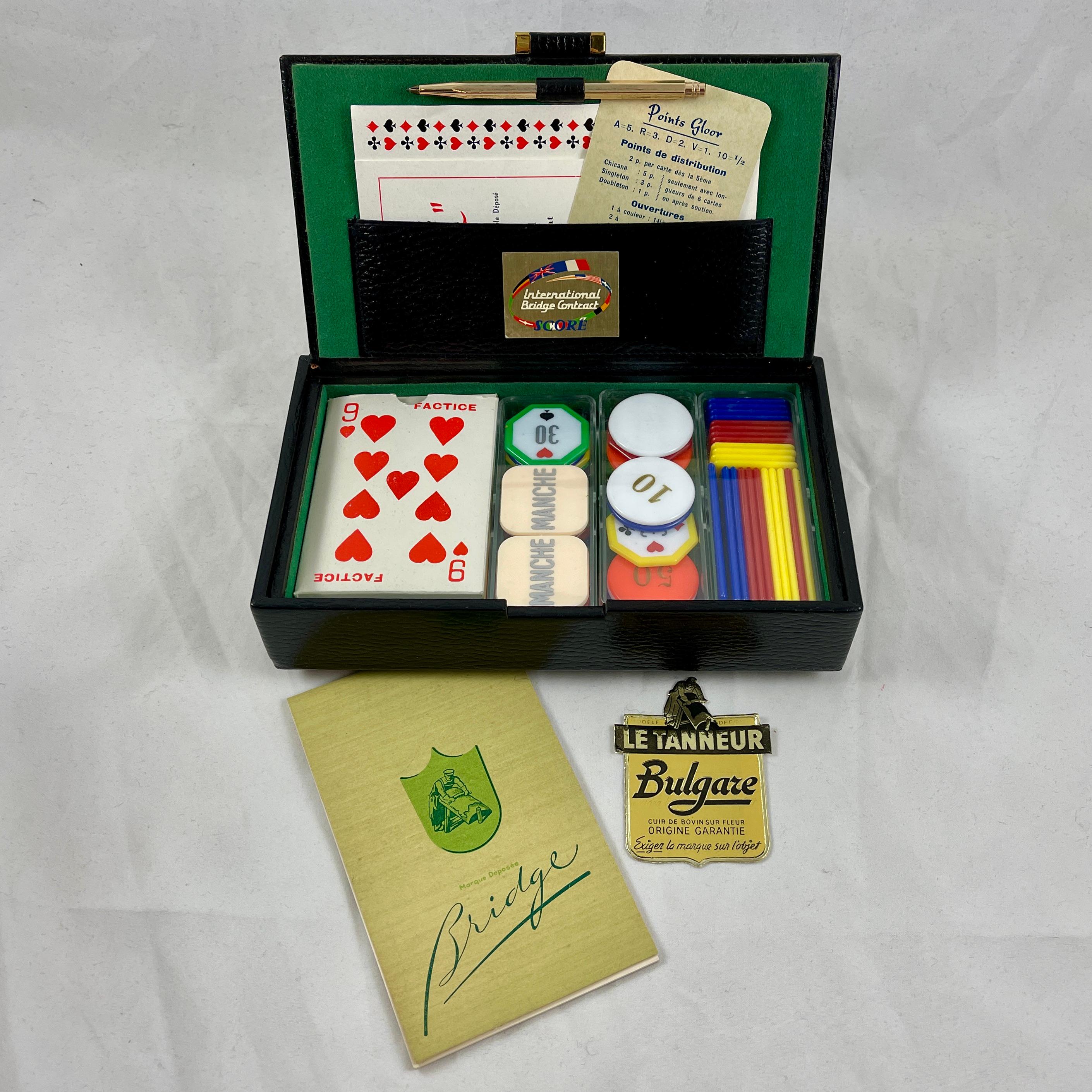 International Style Le Tanneur Mid-Century French Leather Boxed Bridge Card Playing & Betting Set For Sale