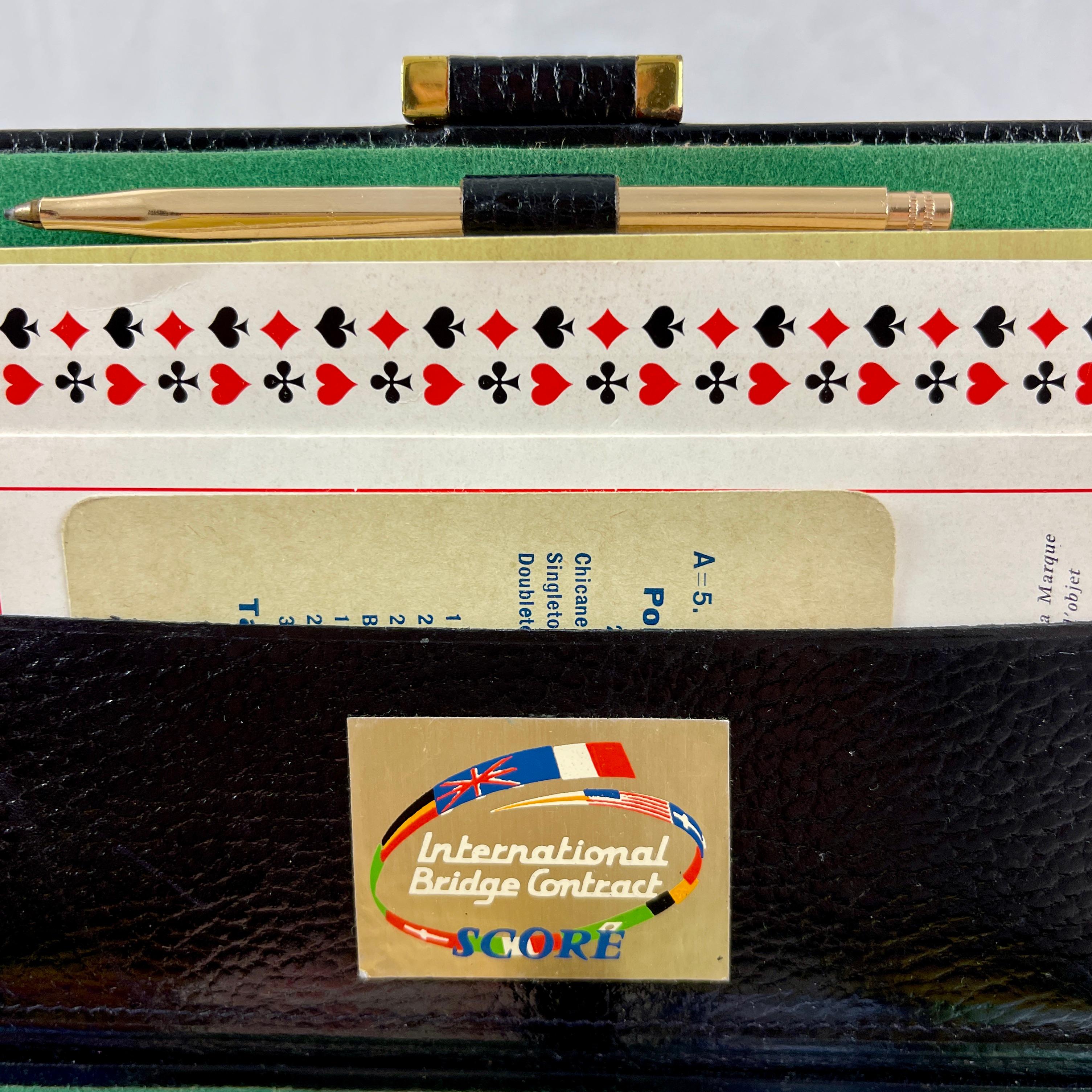 Hand-Crafted Le Tanneur Mid-Century French Leather Boxed Bridge Card Playing & Betting Set For Sale