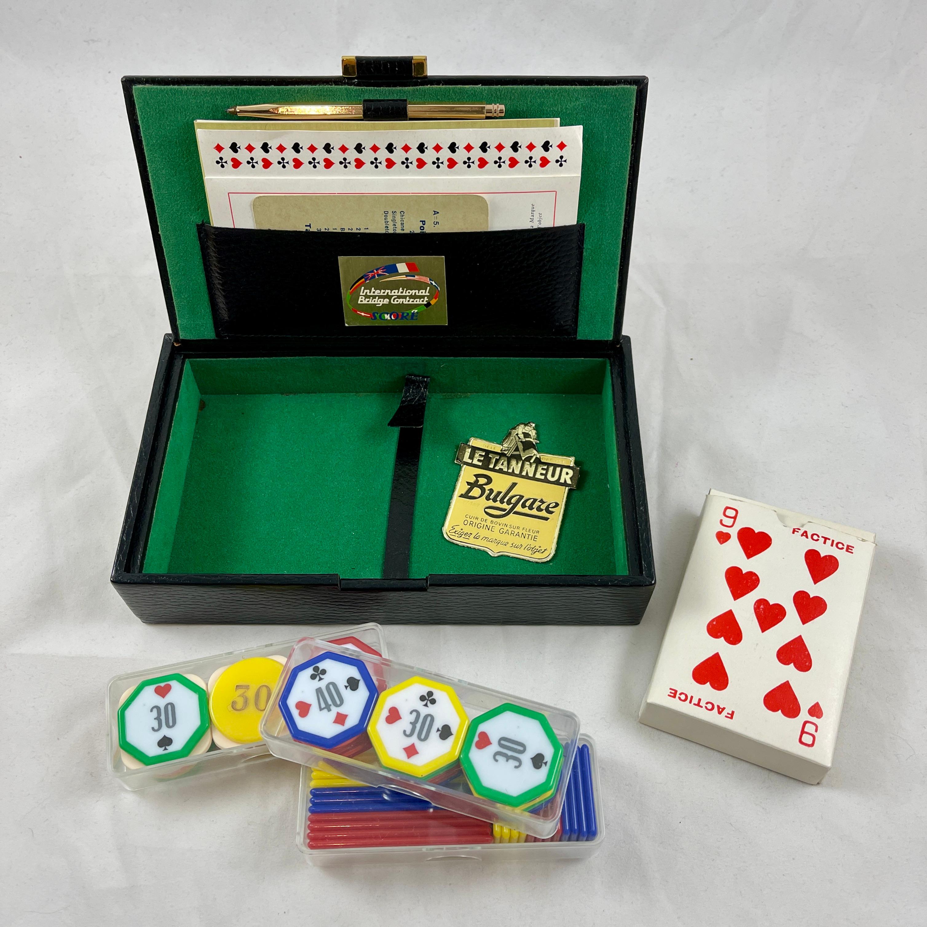 Le Tanneur Mid-Century French Leather Boxed Bridge Card Playing & Betting Set In Good Condition For Sale In Philadelphia, PA