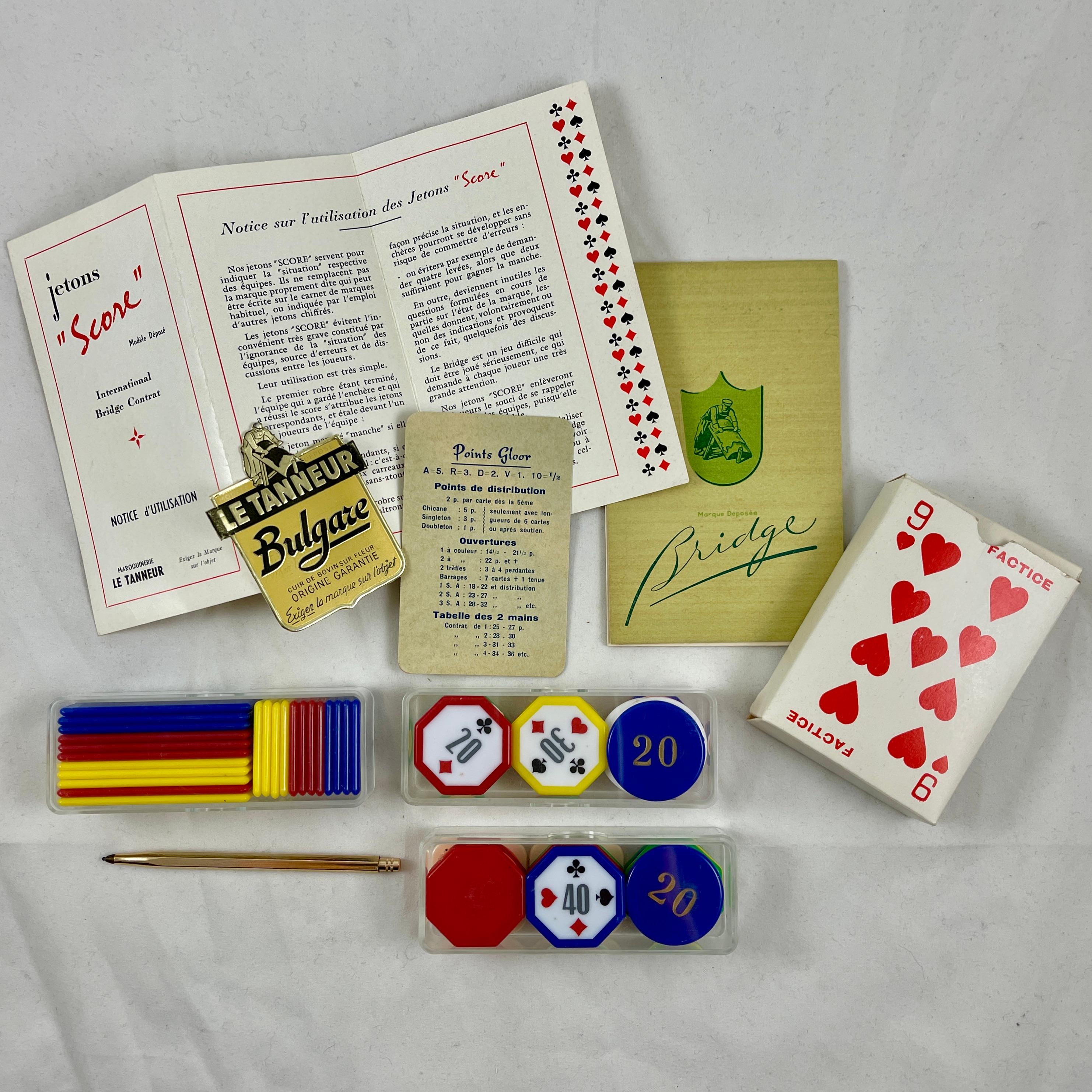 20th Century Le Tanneur Mid-Century French Leather Boxed Bridge Card Playing & Betting Set For Sale