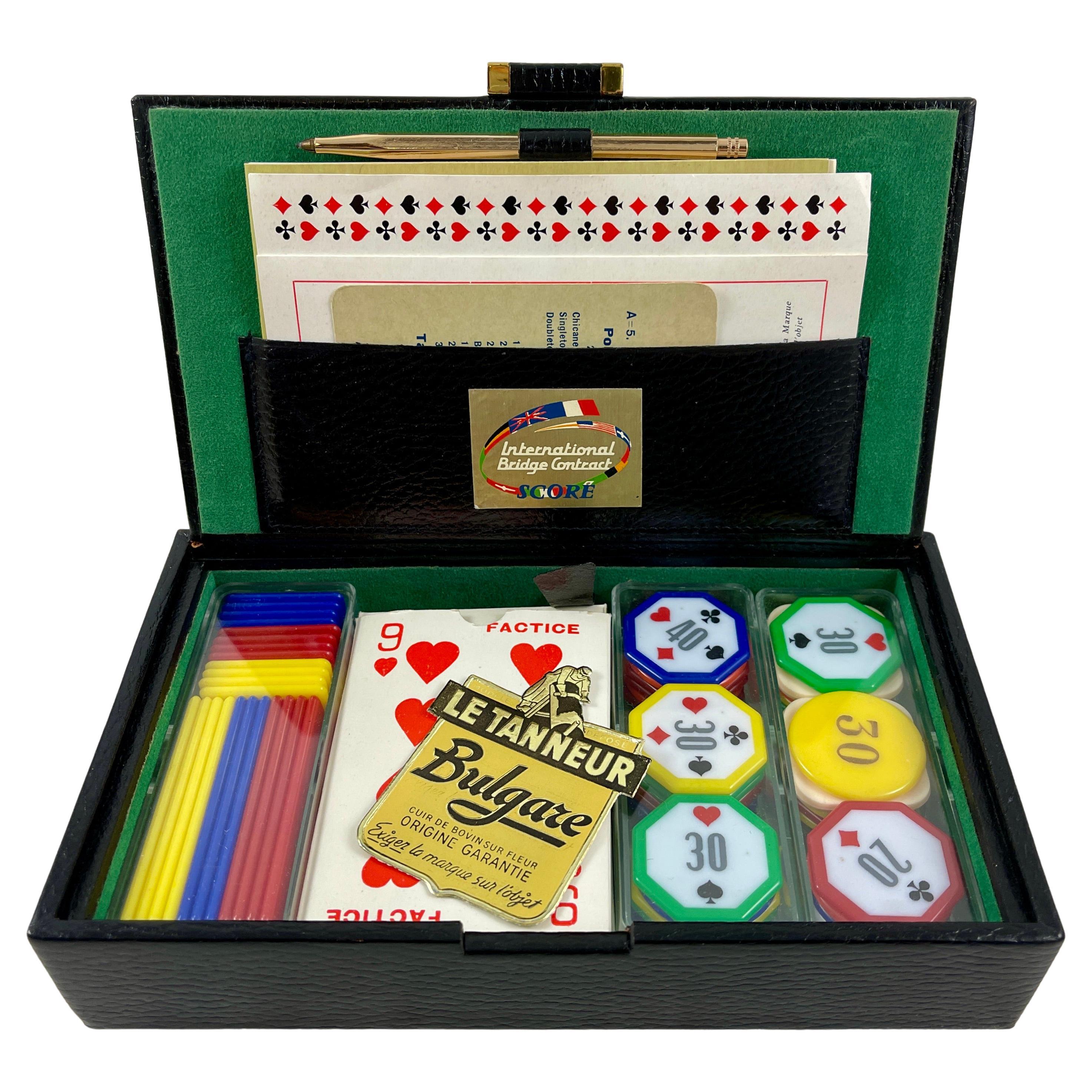 Le Tanneur Mid-Century French Leather Boxed Bridge Card Playing & Betting Set