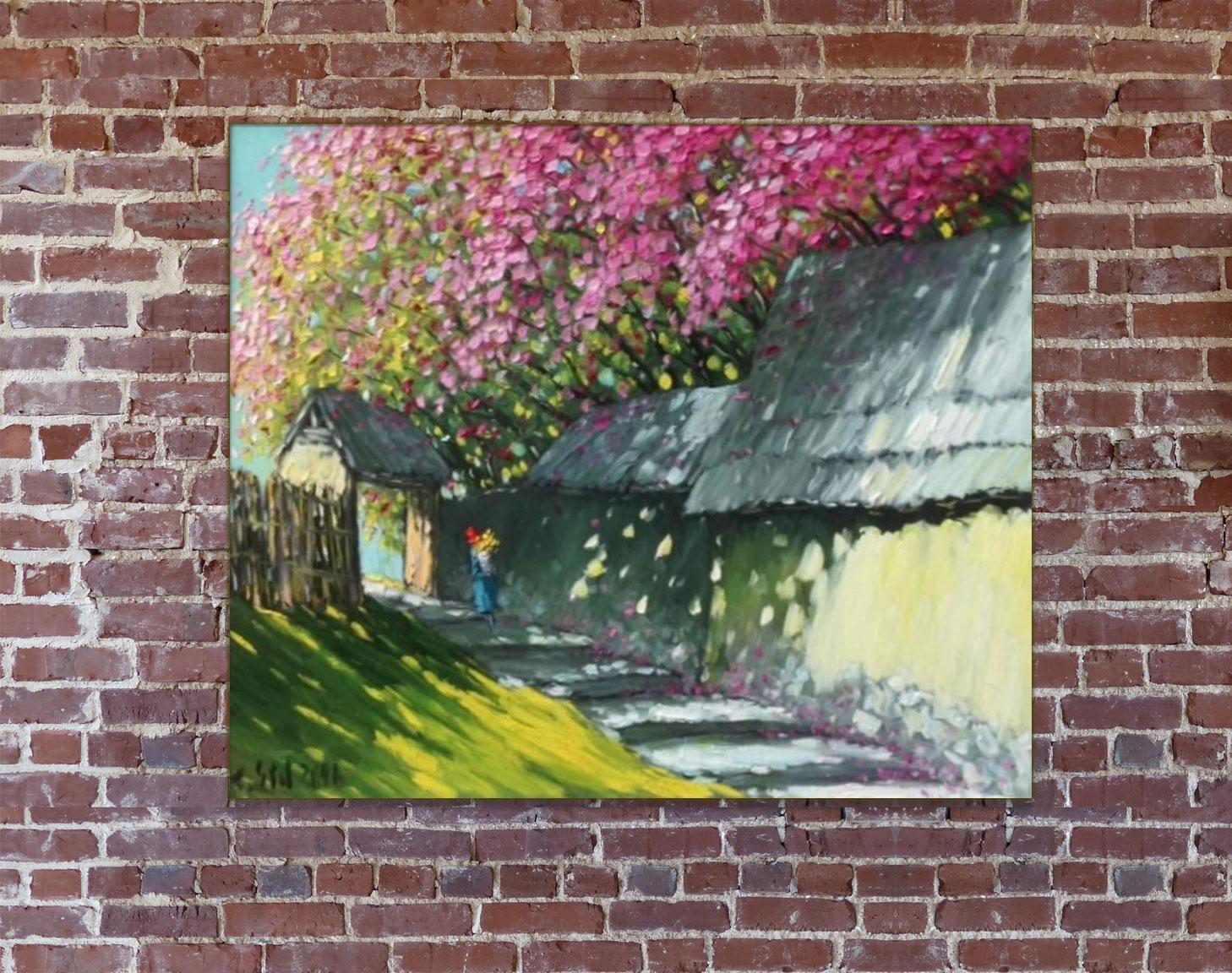 ‘Peaceful Summer’ is a large framed Impressionist oil on canvas landscape painting created by Vietnamese artist Le Thanh Son in 2016. Featuring a lovely palette mostly made of pink, grey, yellow, green and blue, the painting depicts a serene