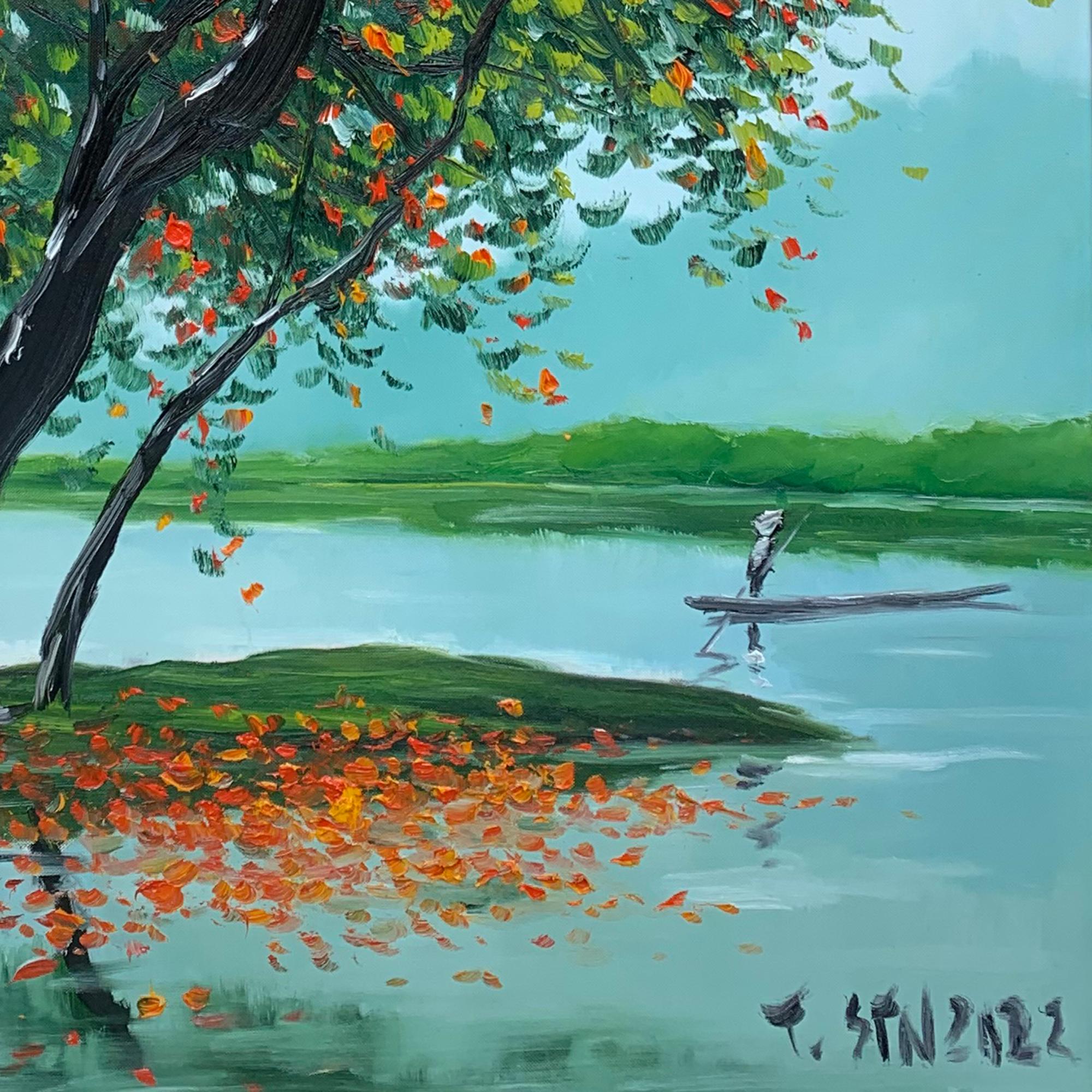 Flores rojas - Landscape Painting Gris de Le Thanh Son