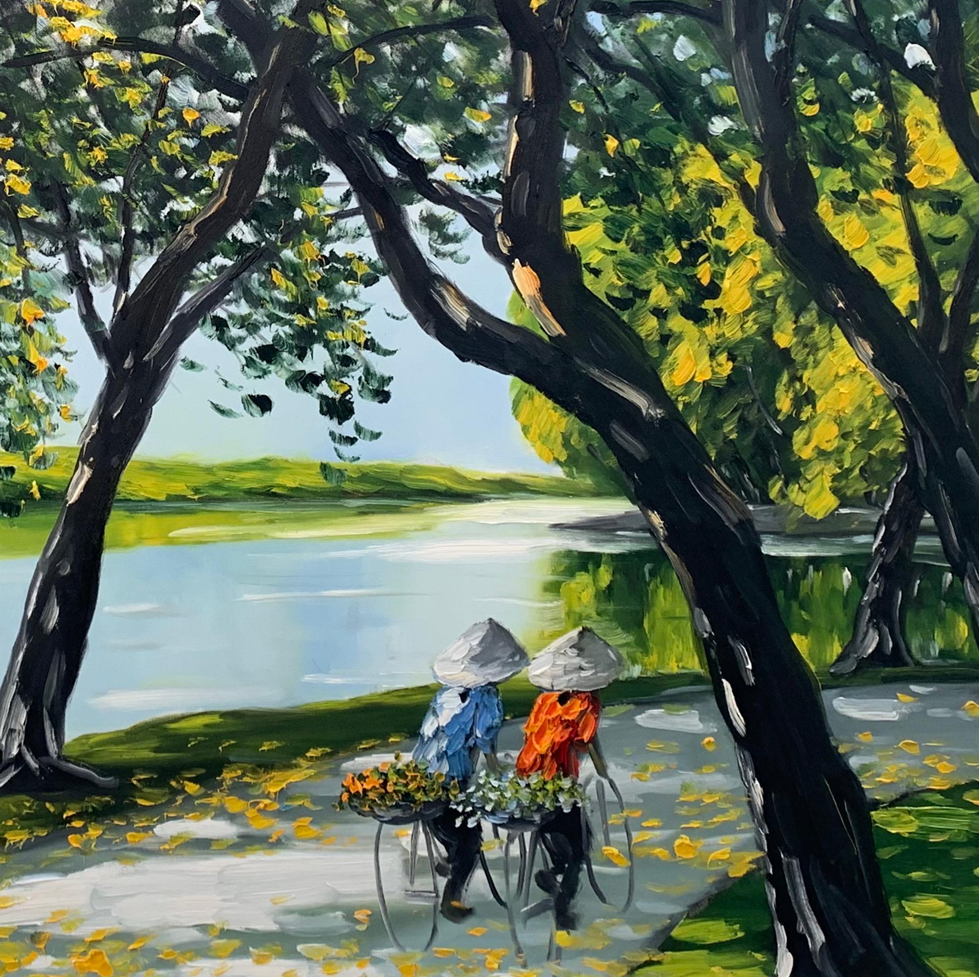 'Riding by the Lake' Colorful Impressionist Painting For Sale 1
