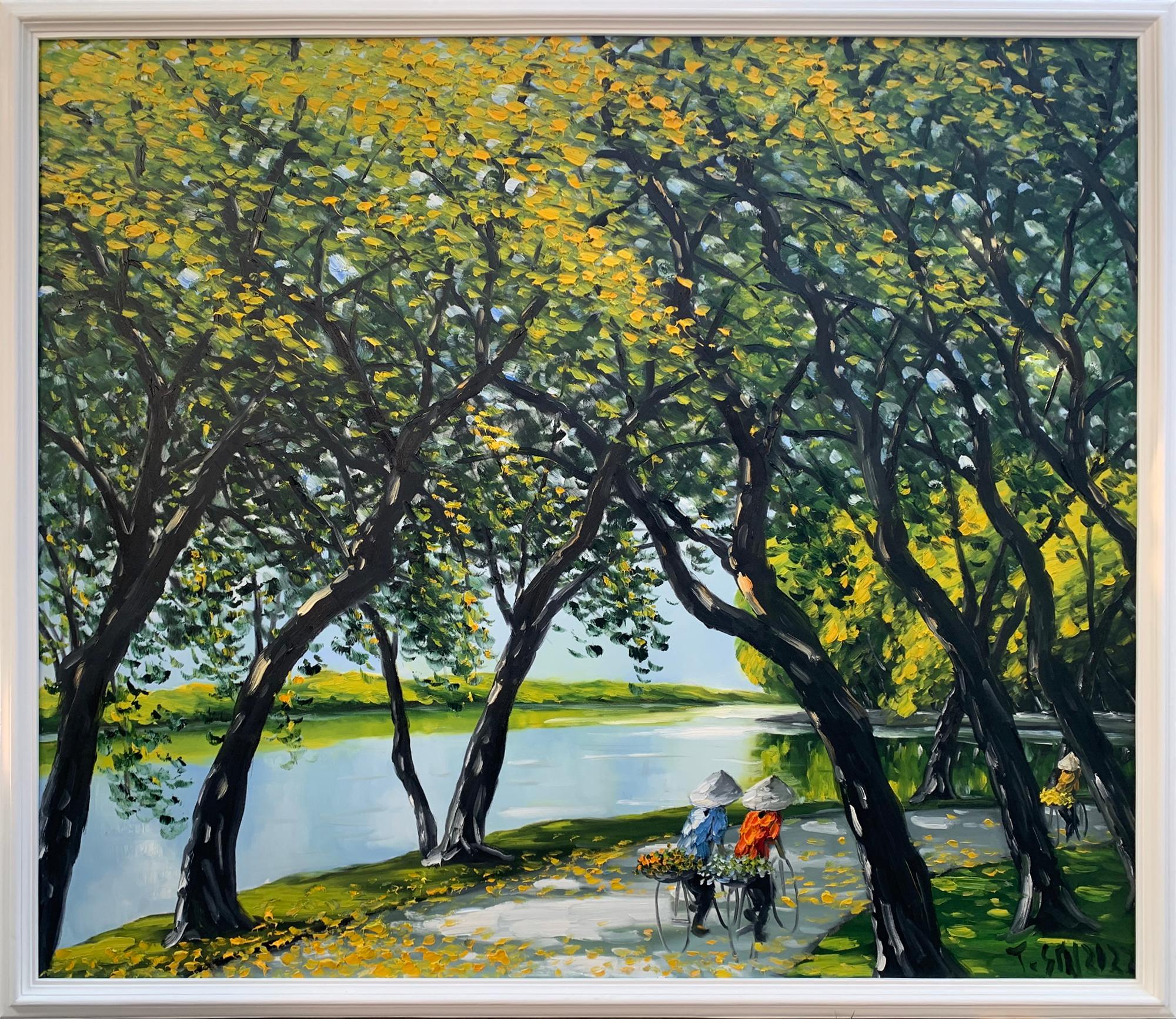 Le Thanh Son Landscape Painting - 'Riding by the Lake' Colorful Impressionist Painting