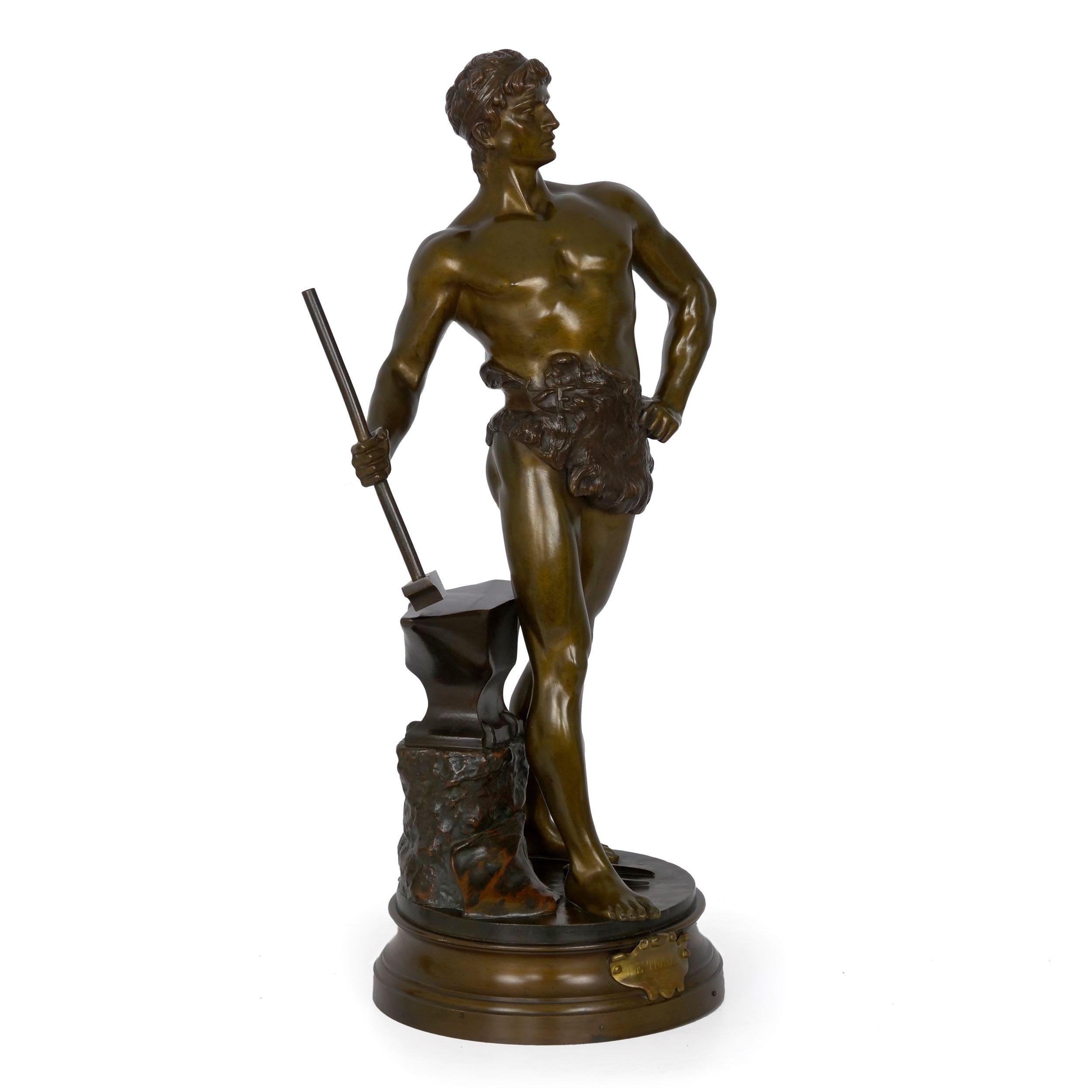 With an exquisite polychromed patina, there is a complexity to this figure of “Le Trevail“ that is most striking. Utilizing a range of chemicals to bring varying hues of bronze, brown, gold and black to the surface, these were then carefully